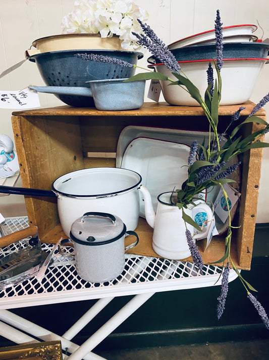 Vintage enamel, enamel pots, colander, farmhouse