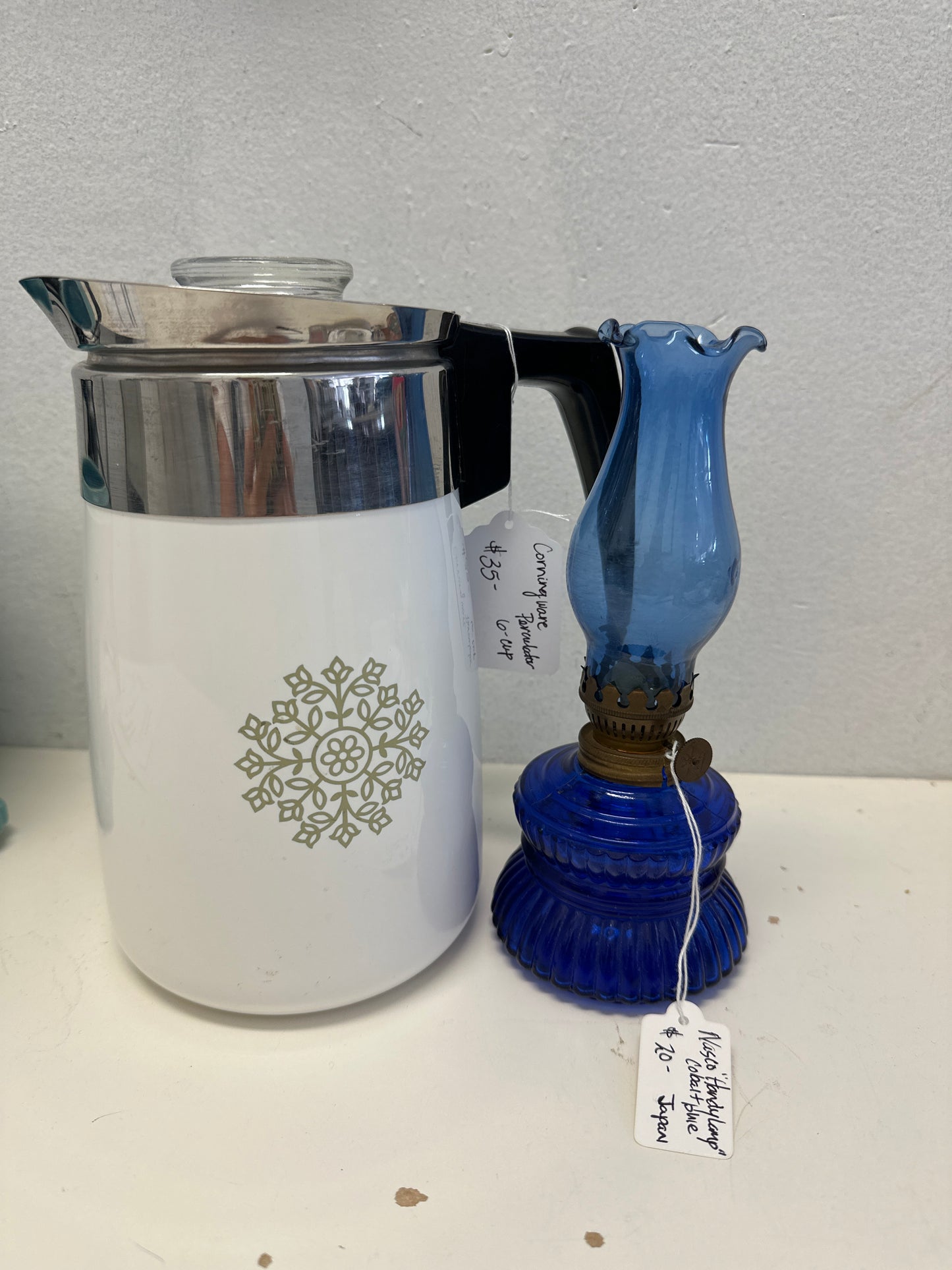 Reserved Hannah- Corning ware perculator & Nasco handy lamp