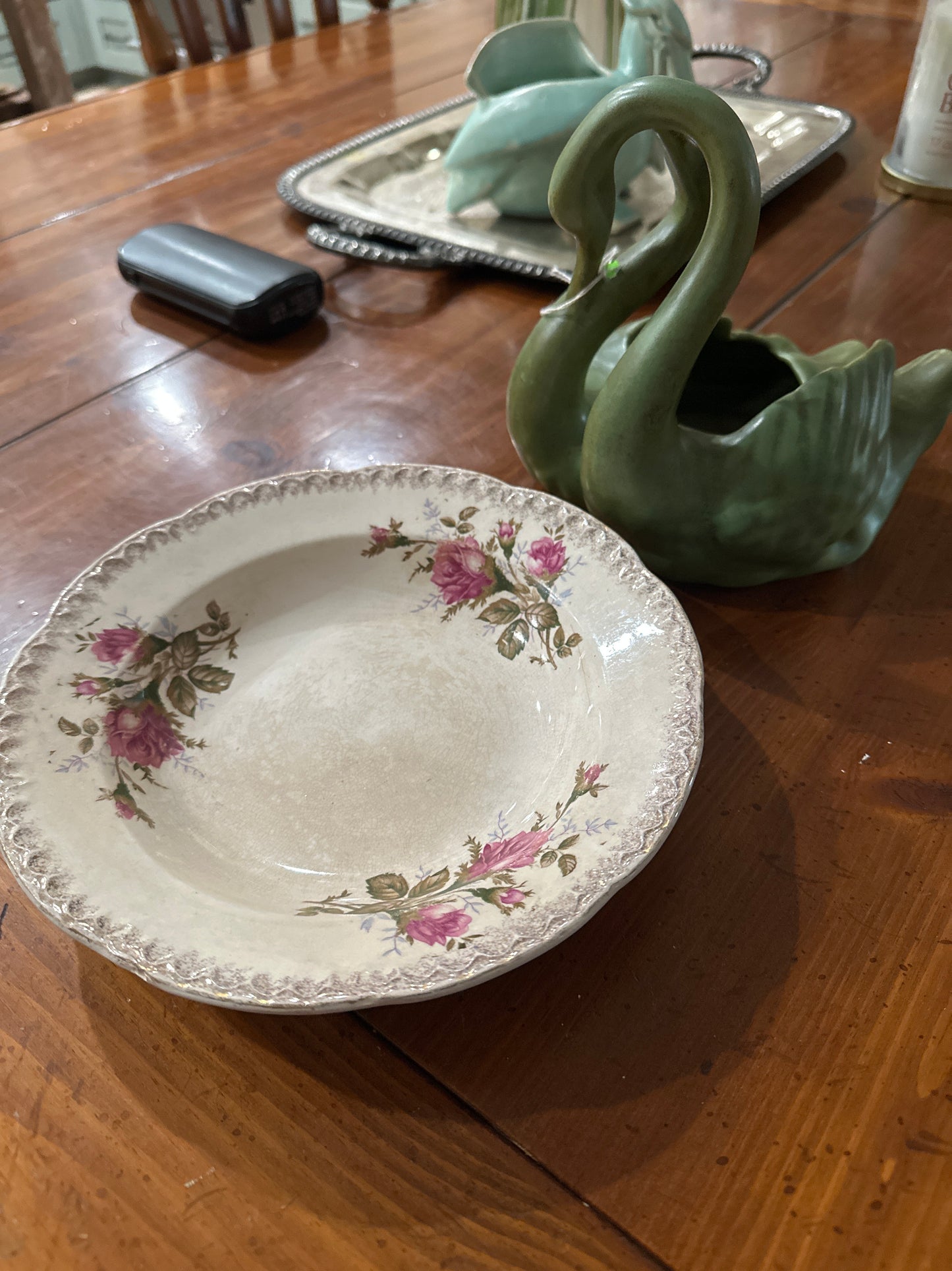 Reserved M. Gaspard Rose dish and green swan planter