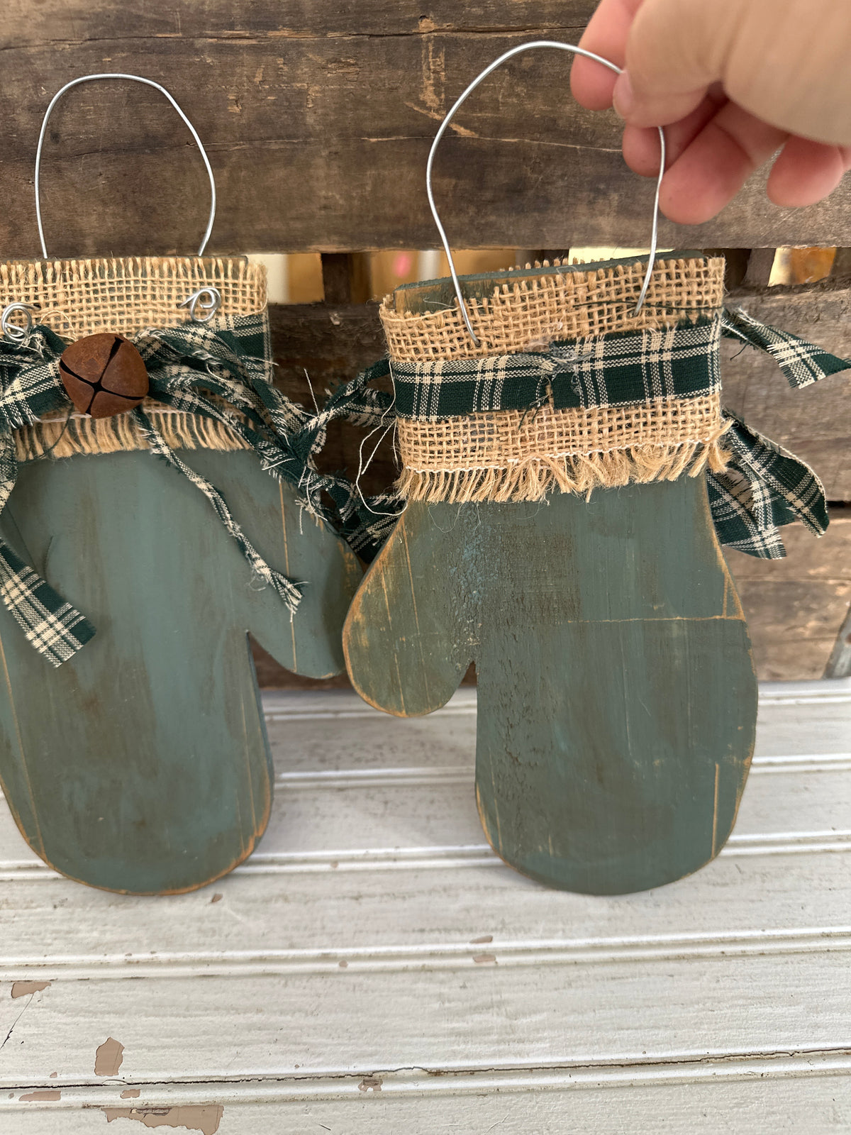 Handmade Wooden Mitten- green plaid material bow