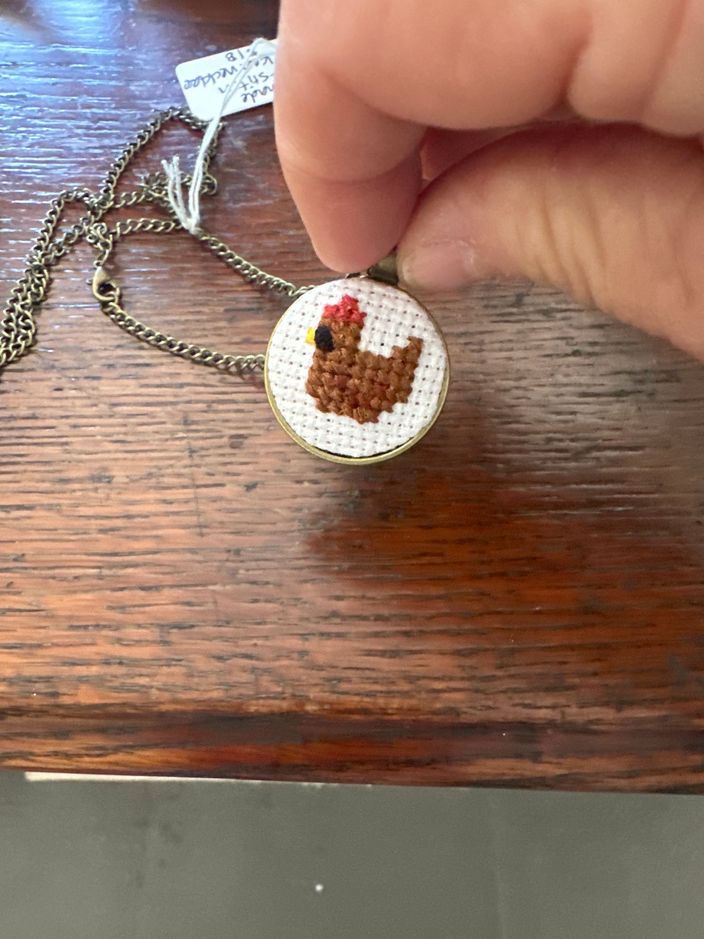 Handmade cross-stitch chicken necklace- #1