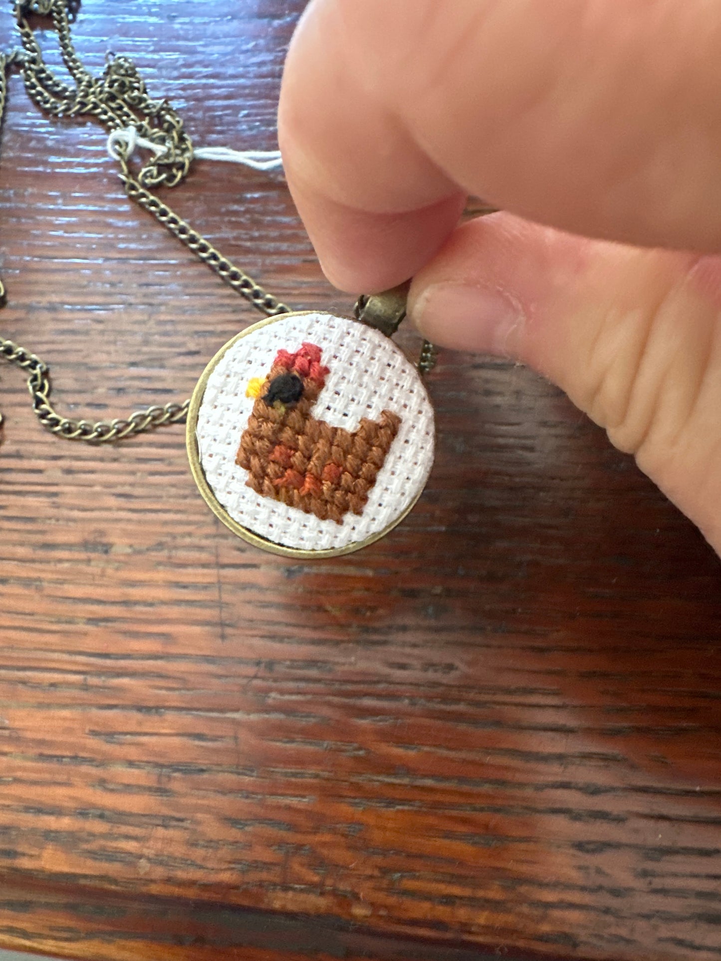 Handmade cross-stitch chicken necklace- #2
