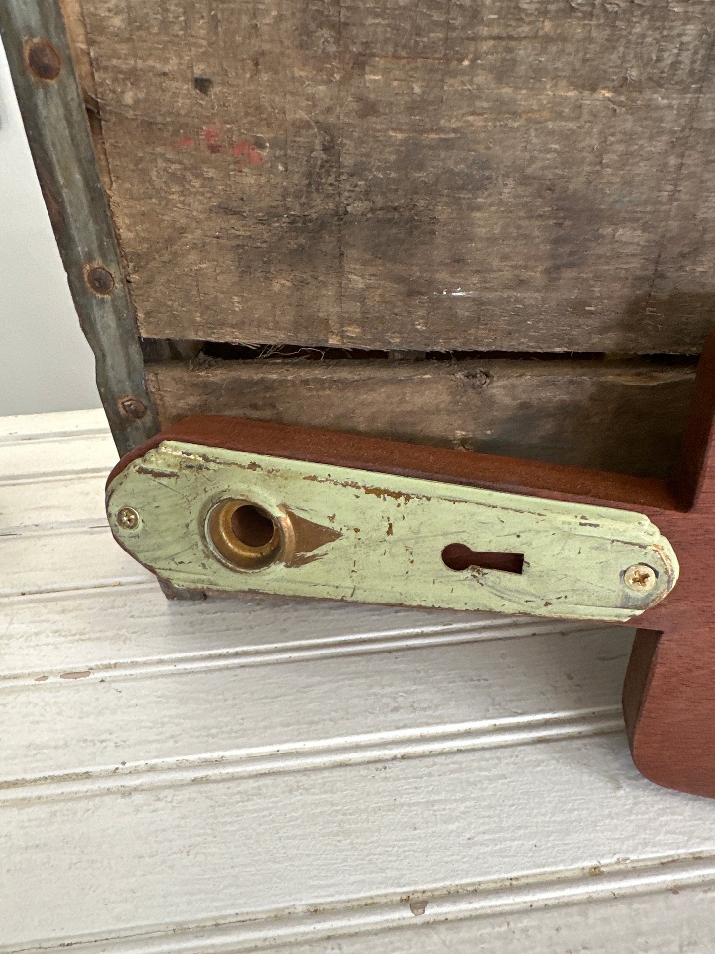 Handmade cutting/charcuterie board with metal vintage door faceplate