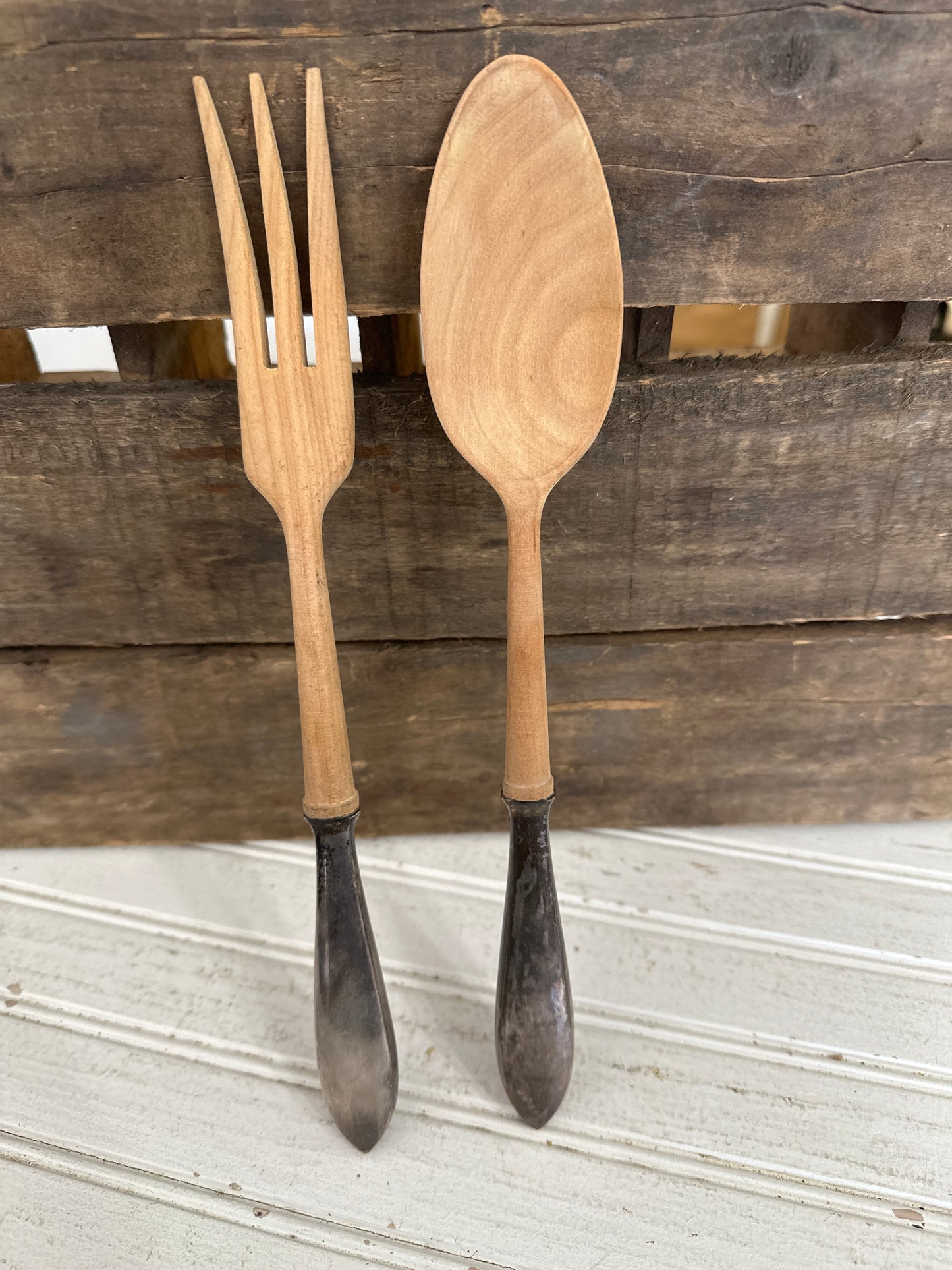 Wood fork & spoon with silver plated handles