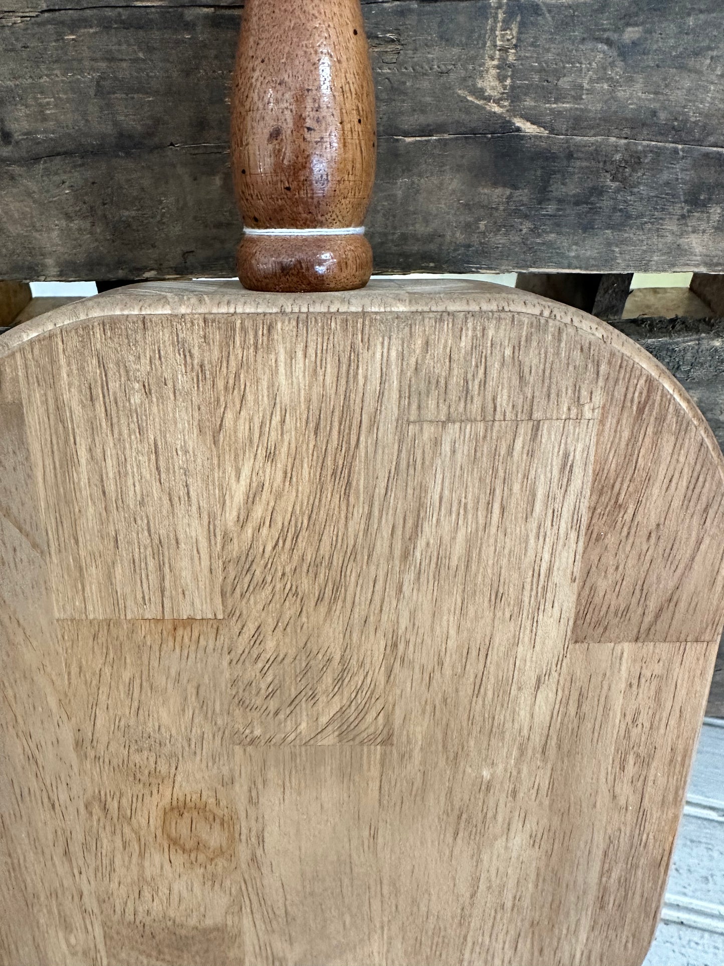 Handmade butcher block bread board with vintage spindle handle