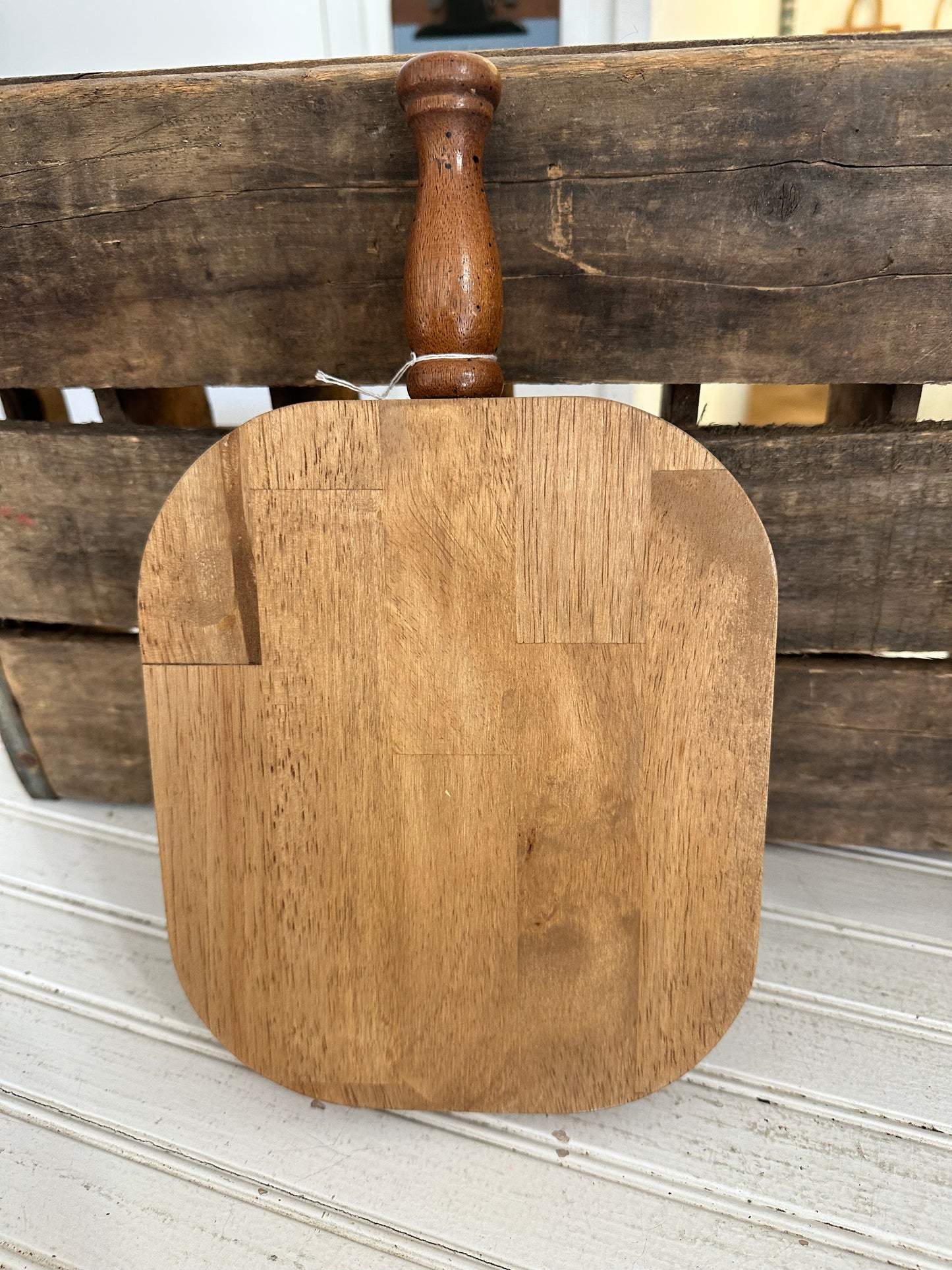 Handmade butcher block bread board with vintage spindle handle