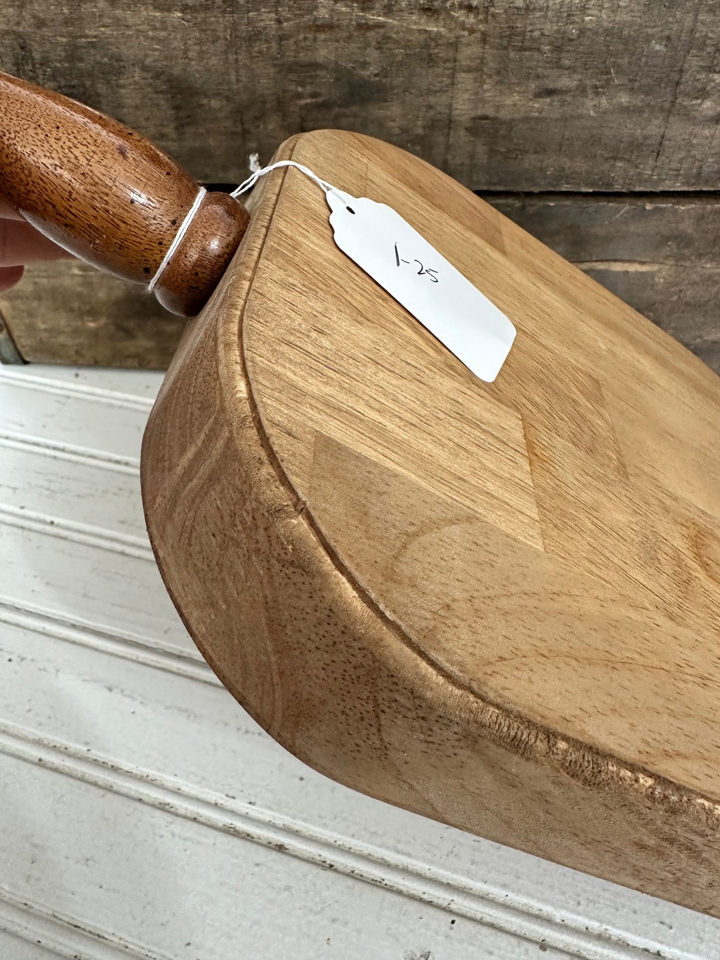Handmade butcher block bread board with vintage spindle handle