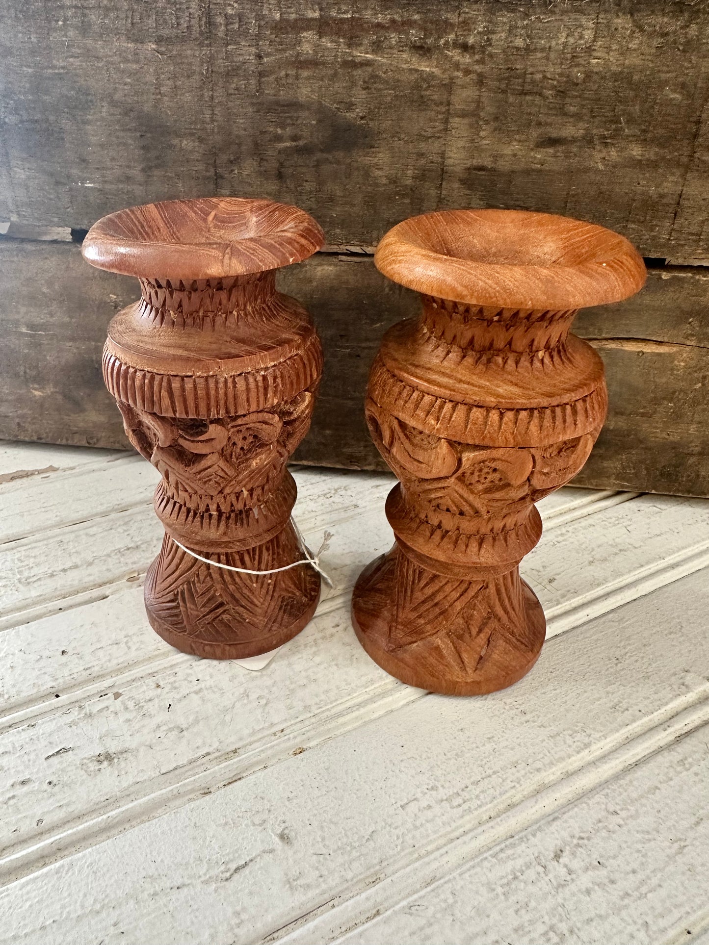 Carved Wooden Candlesticks/bud vases