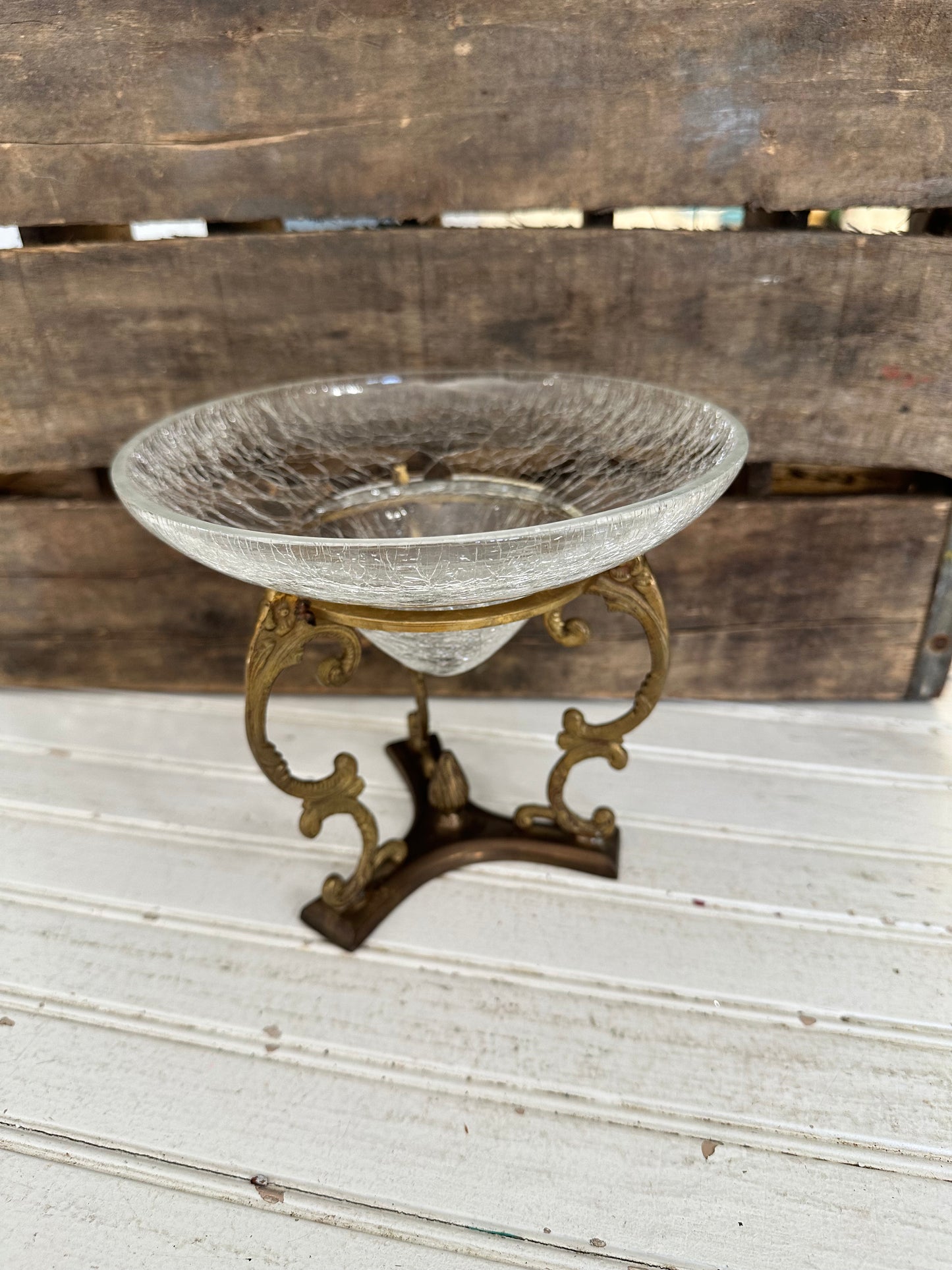 Brass holder w/crackle glass bowl