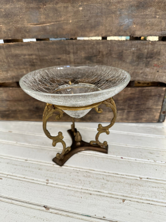 Brass holder w/crackle glass bowl