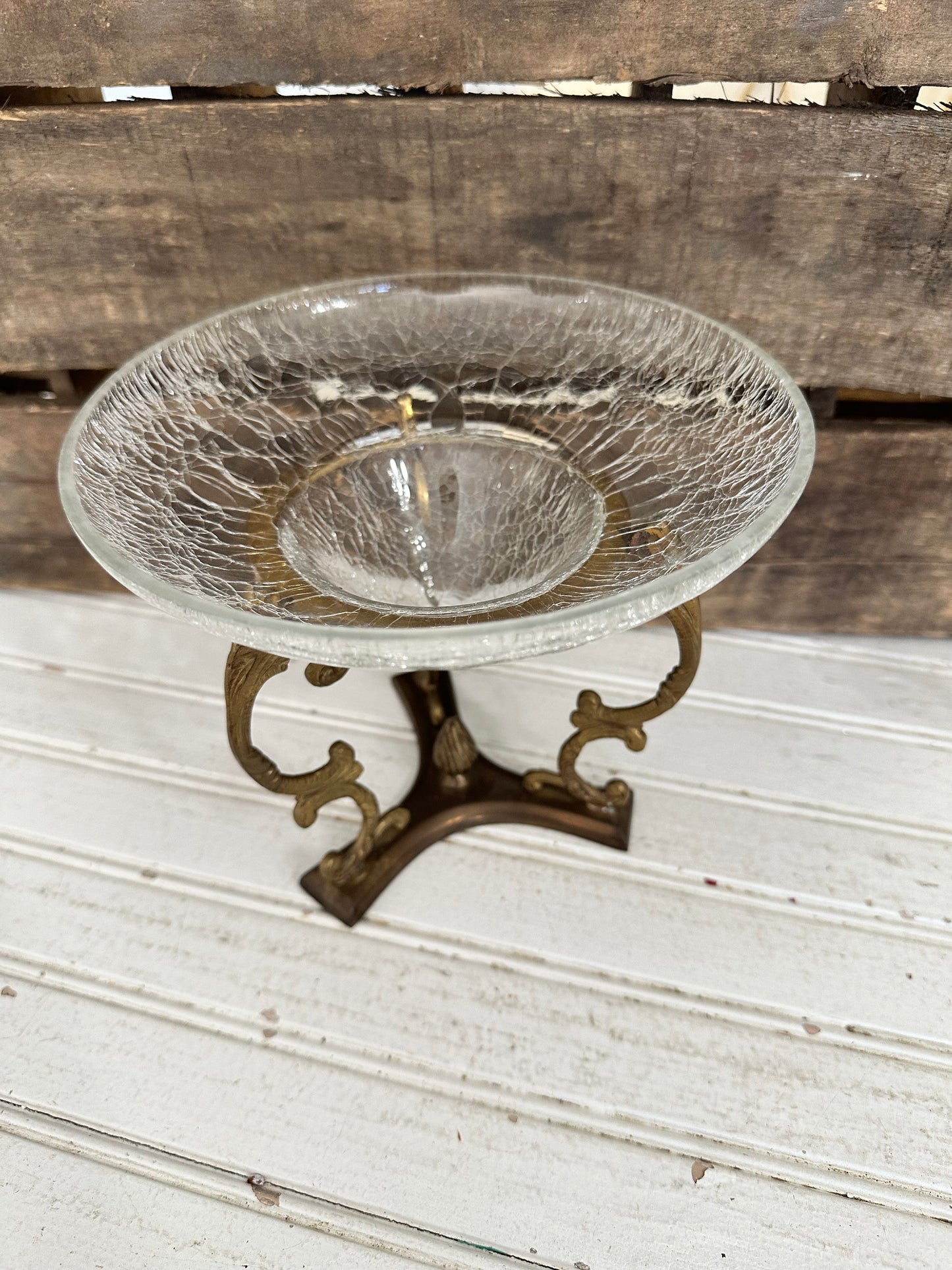 Brass holder w/crackle glass bowl