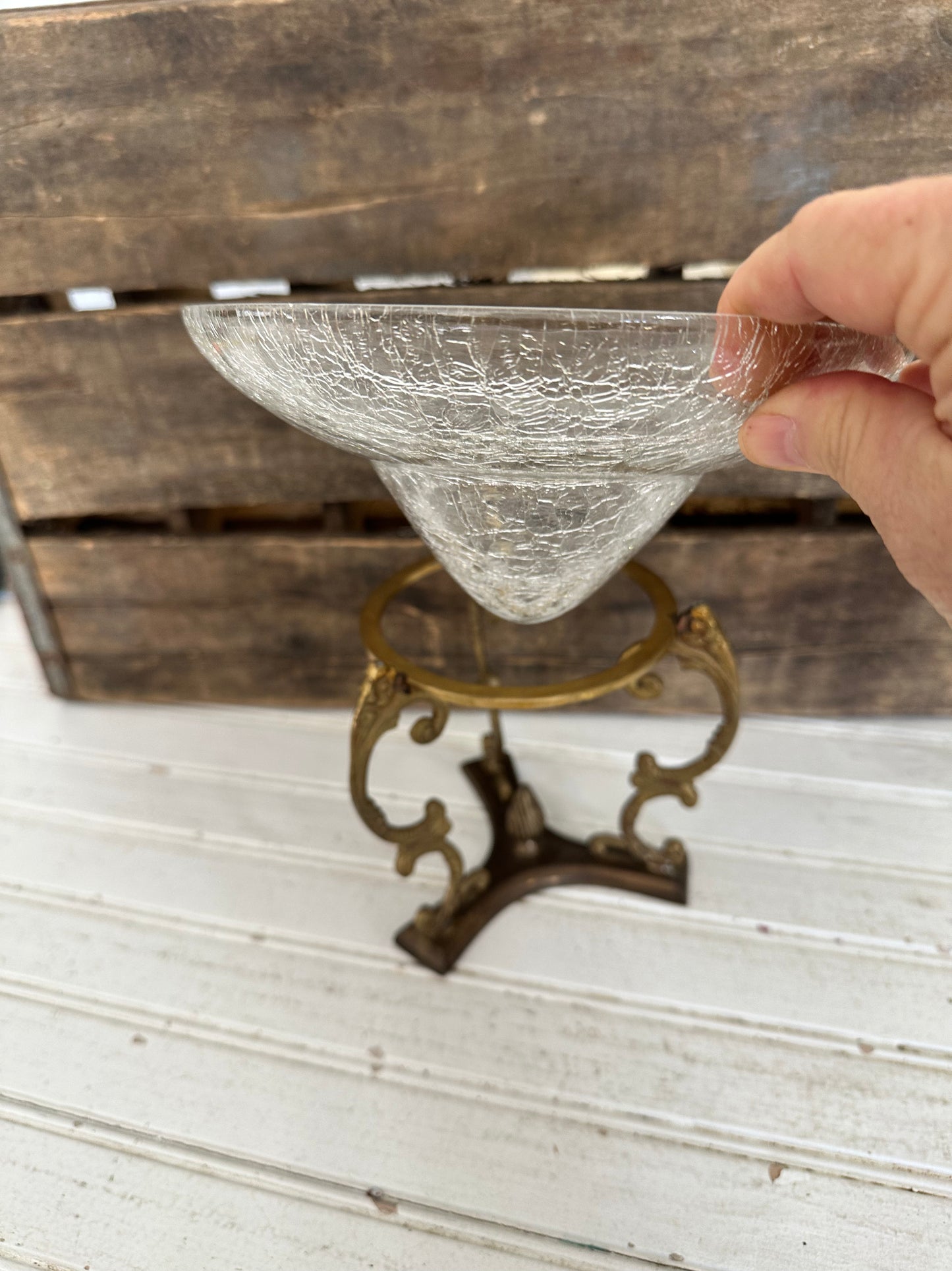 Brass holder w/crackle glass bowl