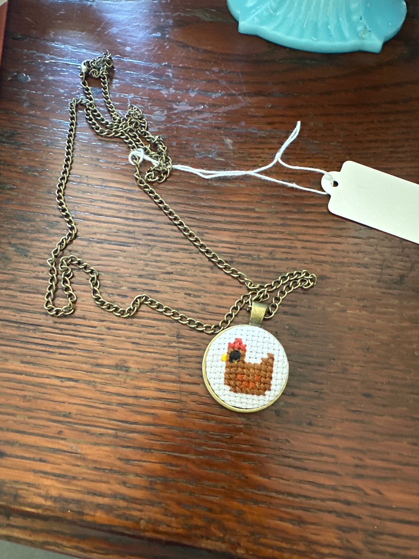 Handmade cross-stitch chicken necklace- #2