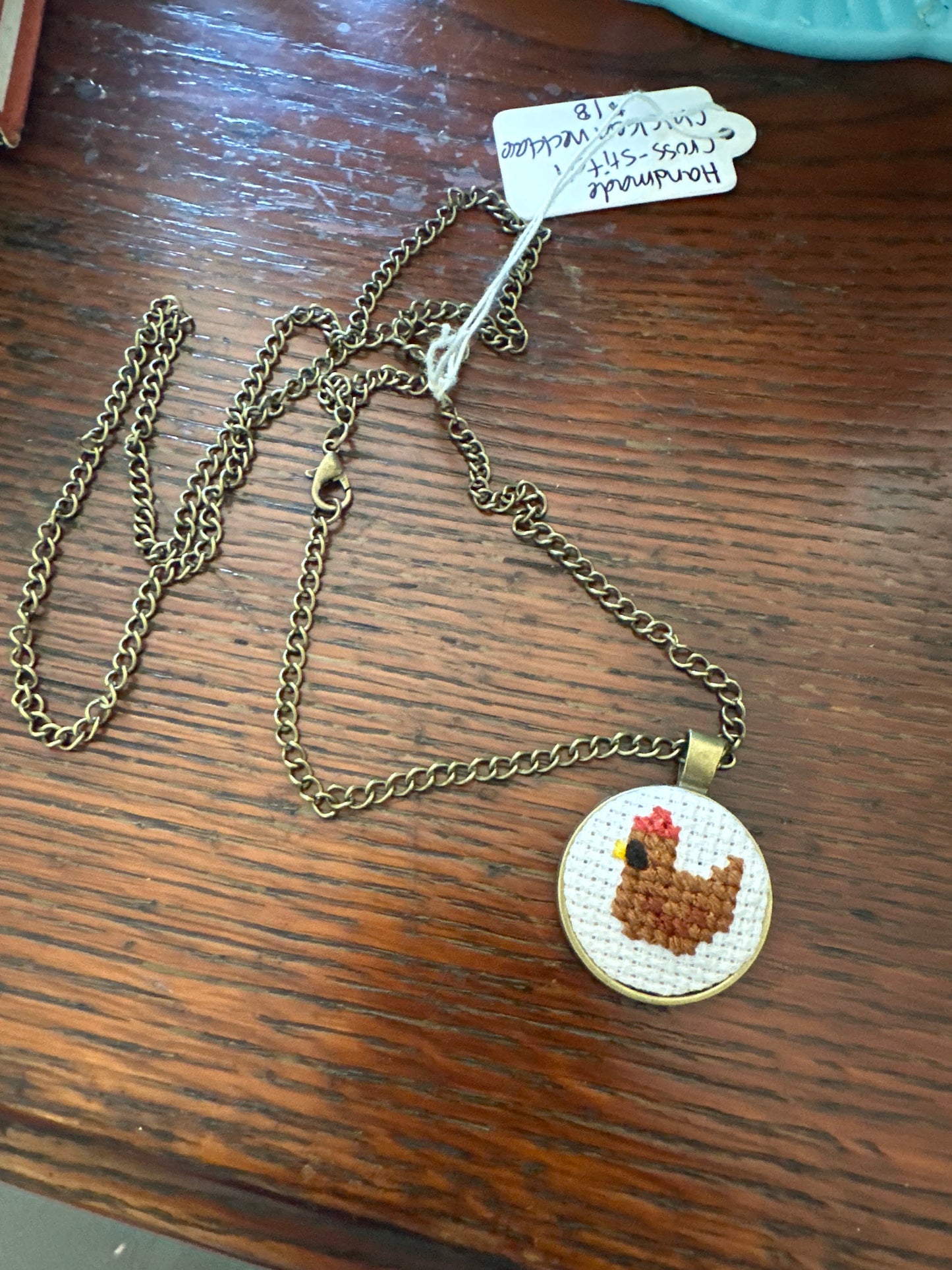 Handmade cross-stitch chicken necklace- #1