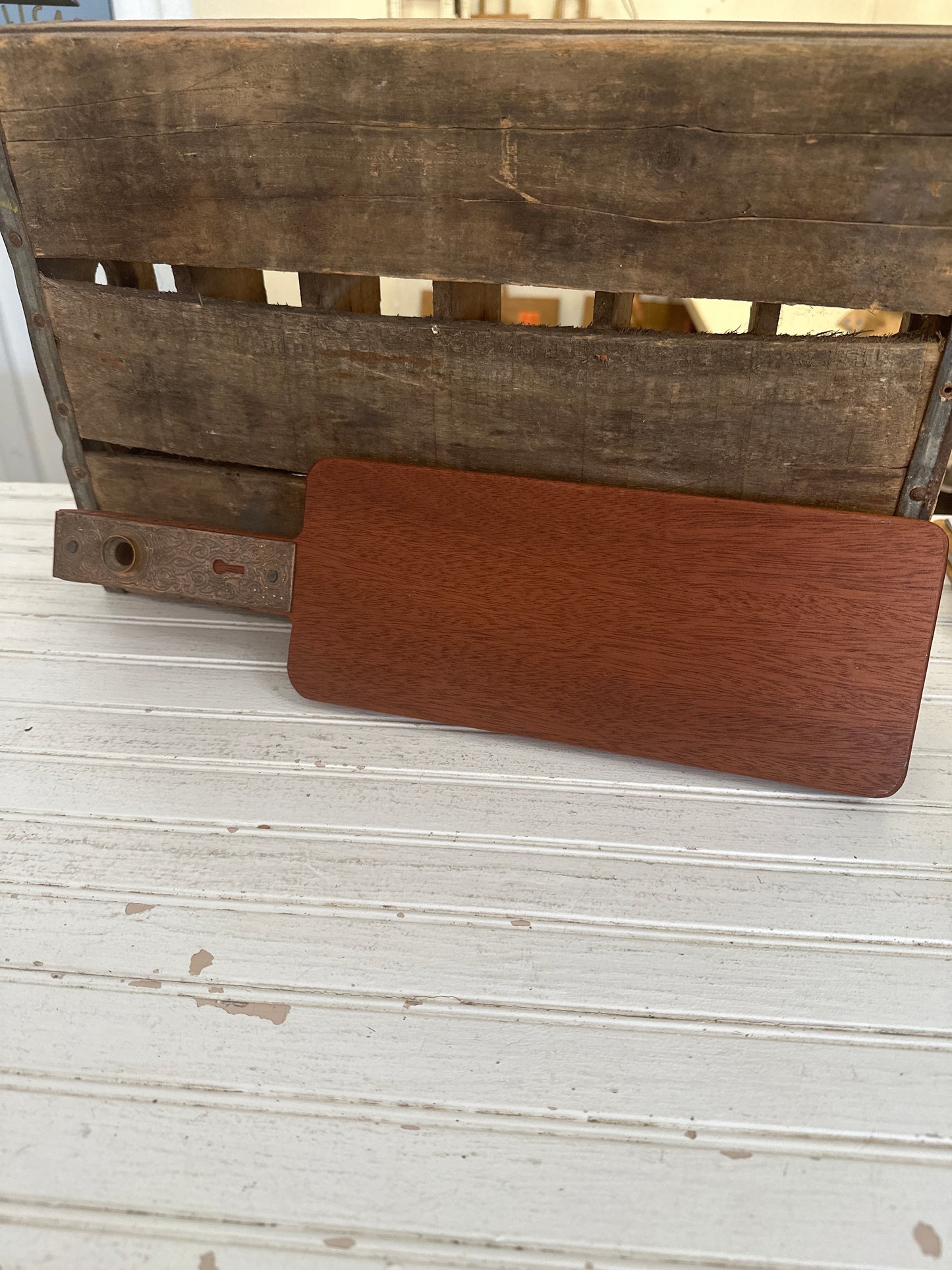 Handmade cutting/charcuterie board with metal vintage door faceplate