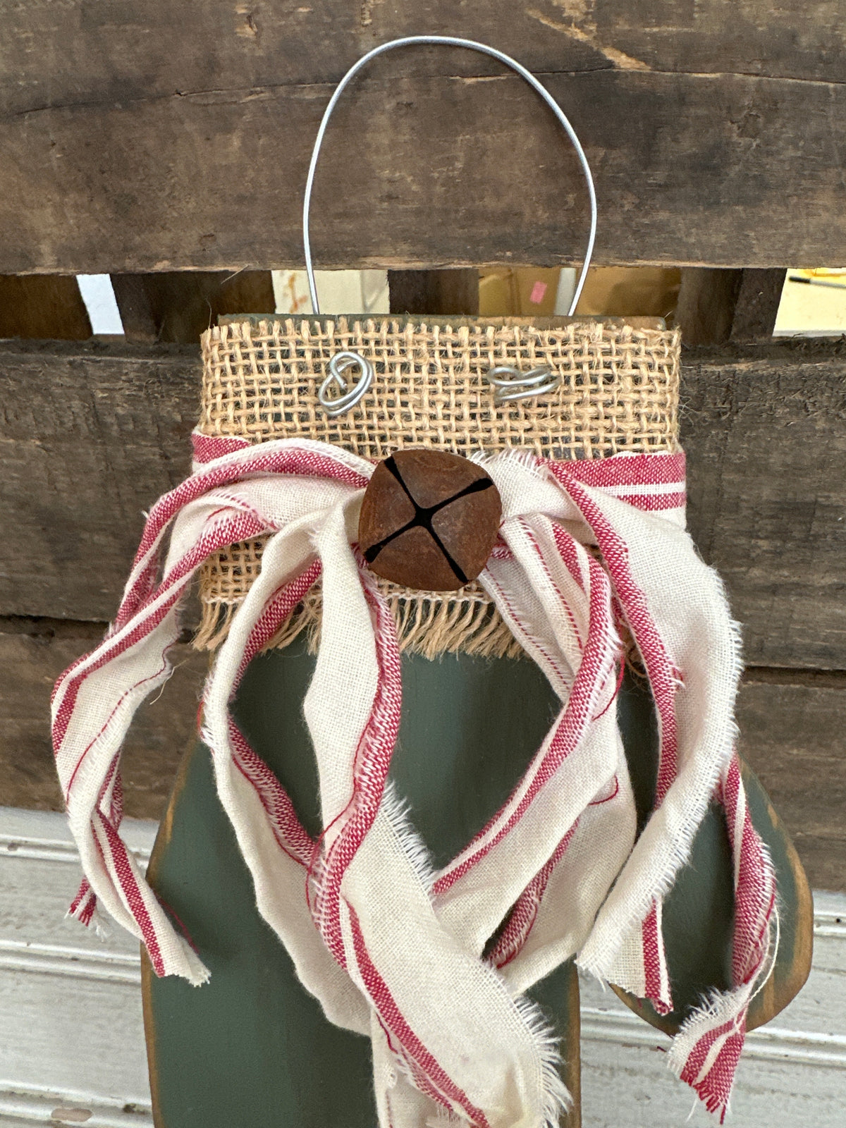 Handmade Wooden Mitten - red stripe material bow
