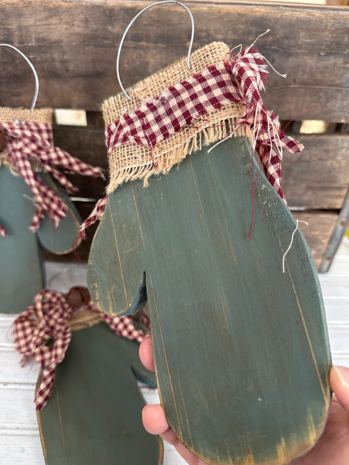Handmade Wooden Mitten- maroon check material bow