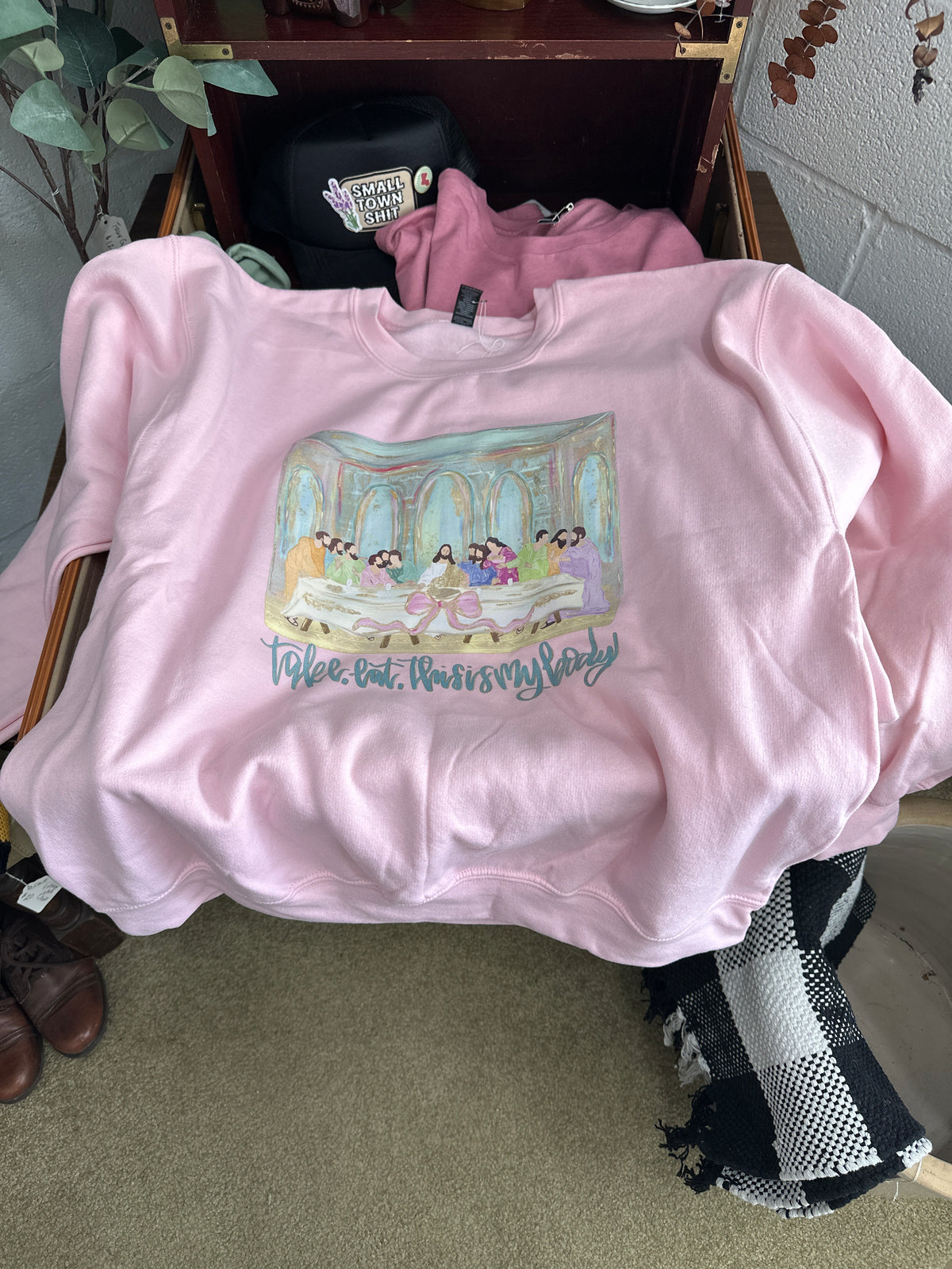 Take. Eat. This is my body- pink sweatshirt