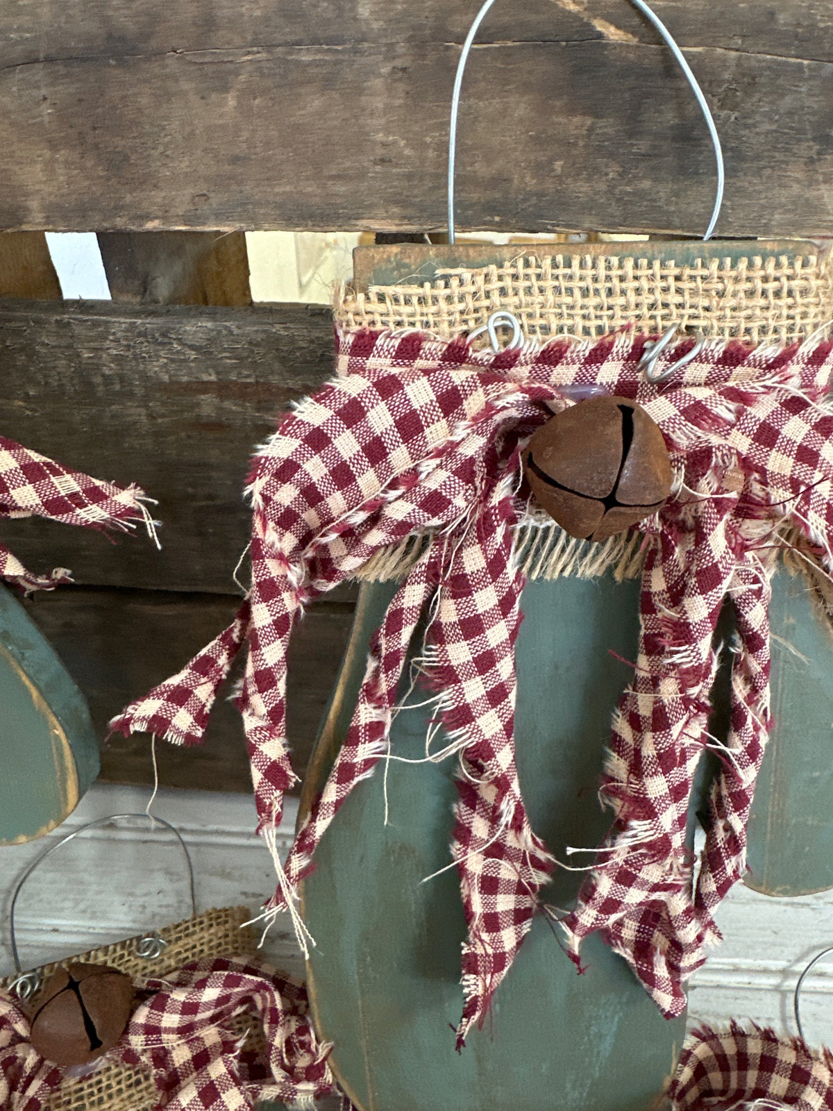 Handmade Wooden Mitten- maroon check material bow