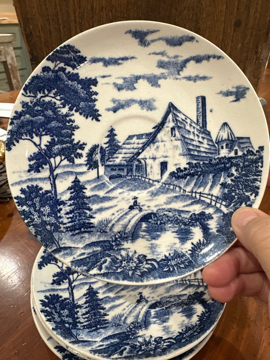 Blue & White Cottage Scene saucers - set 4