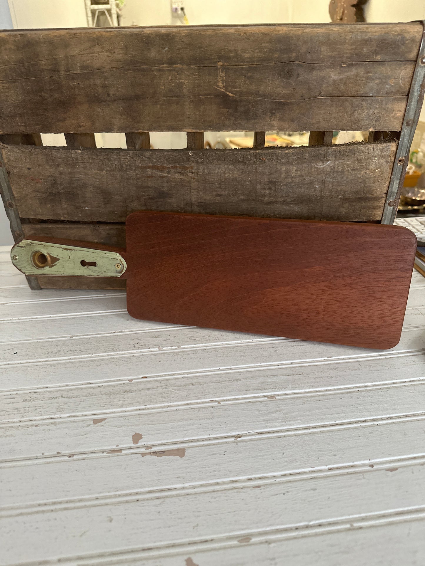 Handmade cutting/charcuterie board with metal vintage door faceplate