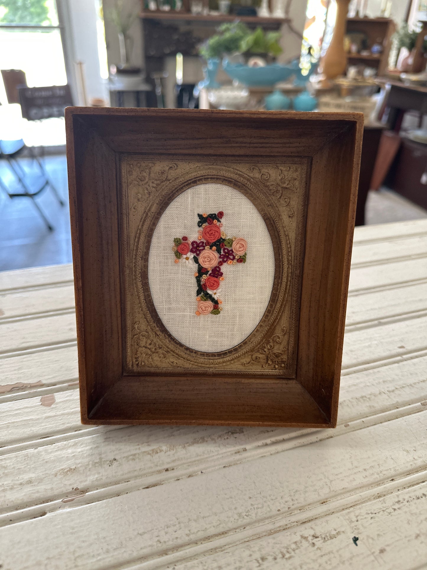 Hand embroidered floral cross in vintage frame