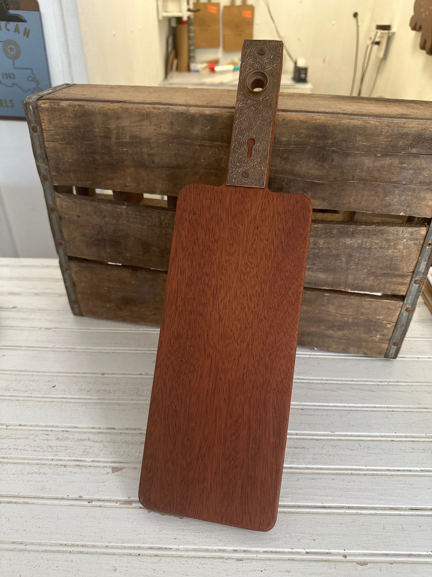 Handmade cutting/charcuterie board with metal vintage door faceplate