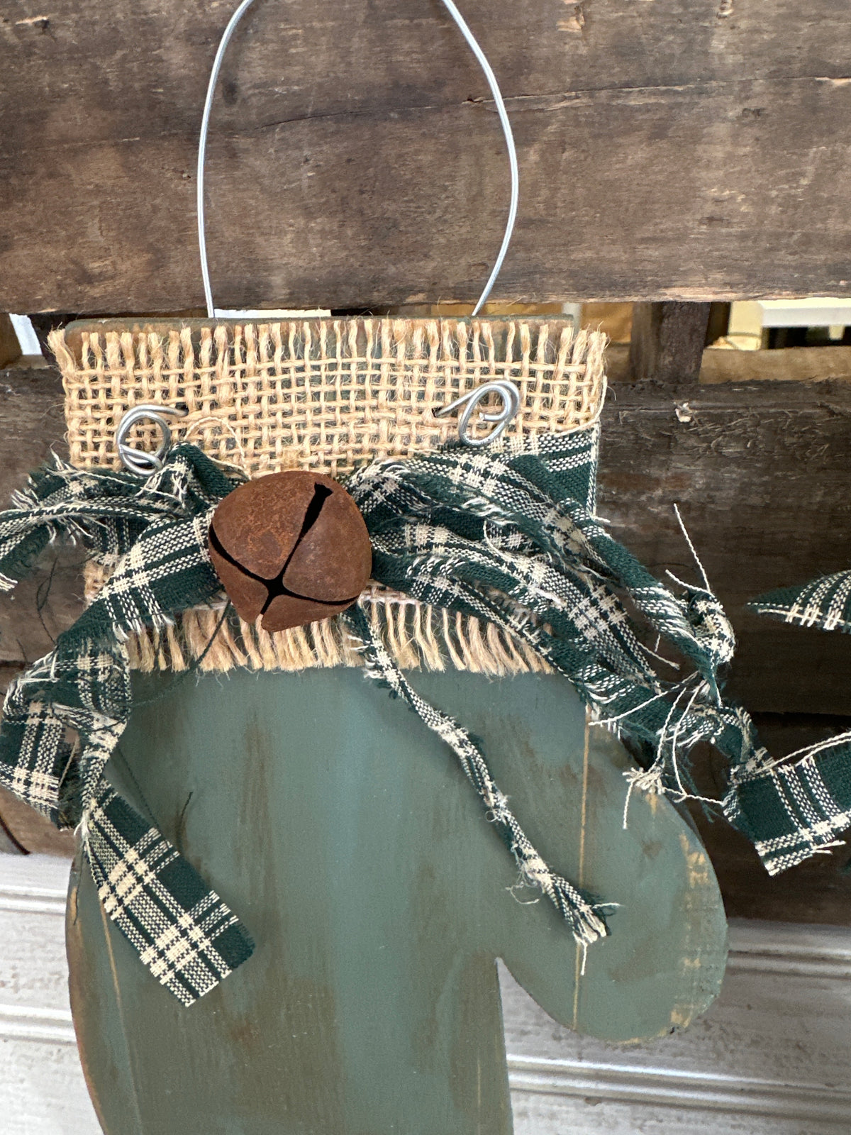 Handmade Wooden Mitten- green plaid material bow