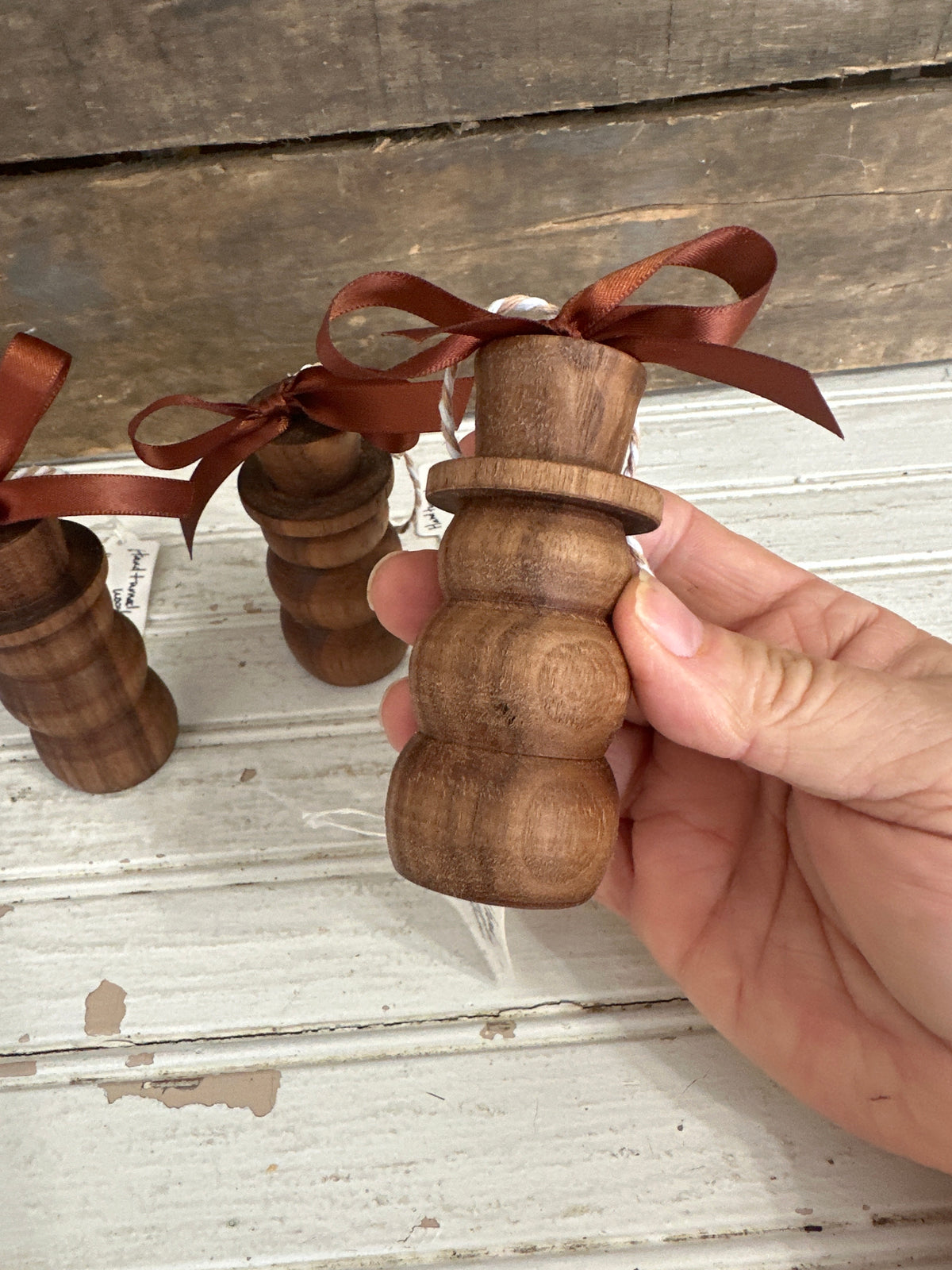 Hand turned wooden snowman ornament