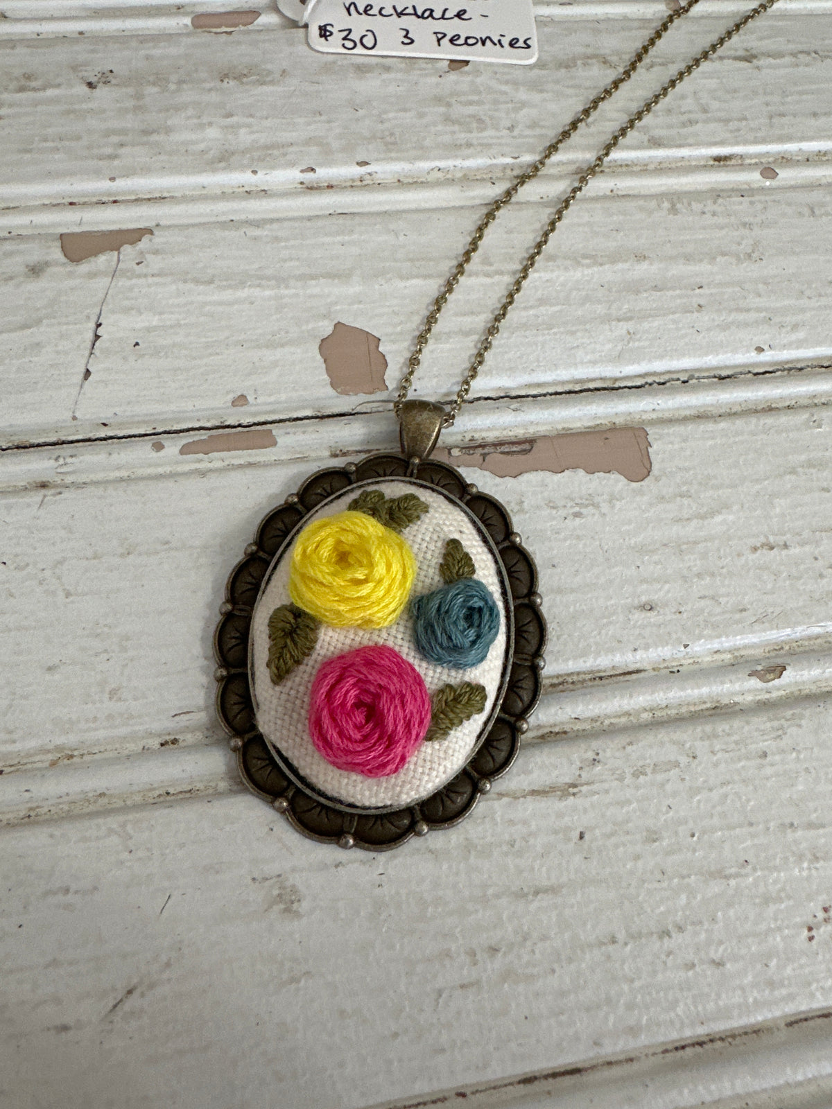 Hand embroidered necklace- 3 peonies