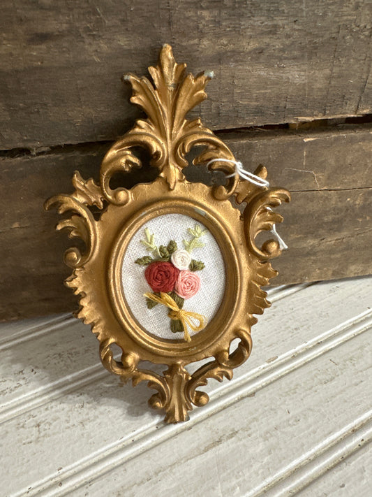 Hand Embroidered framed floral bouquet