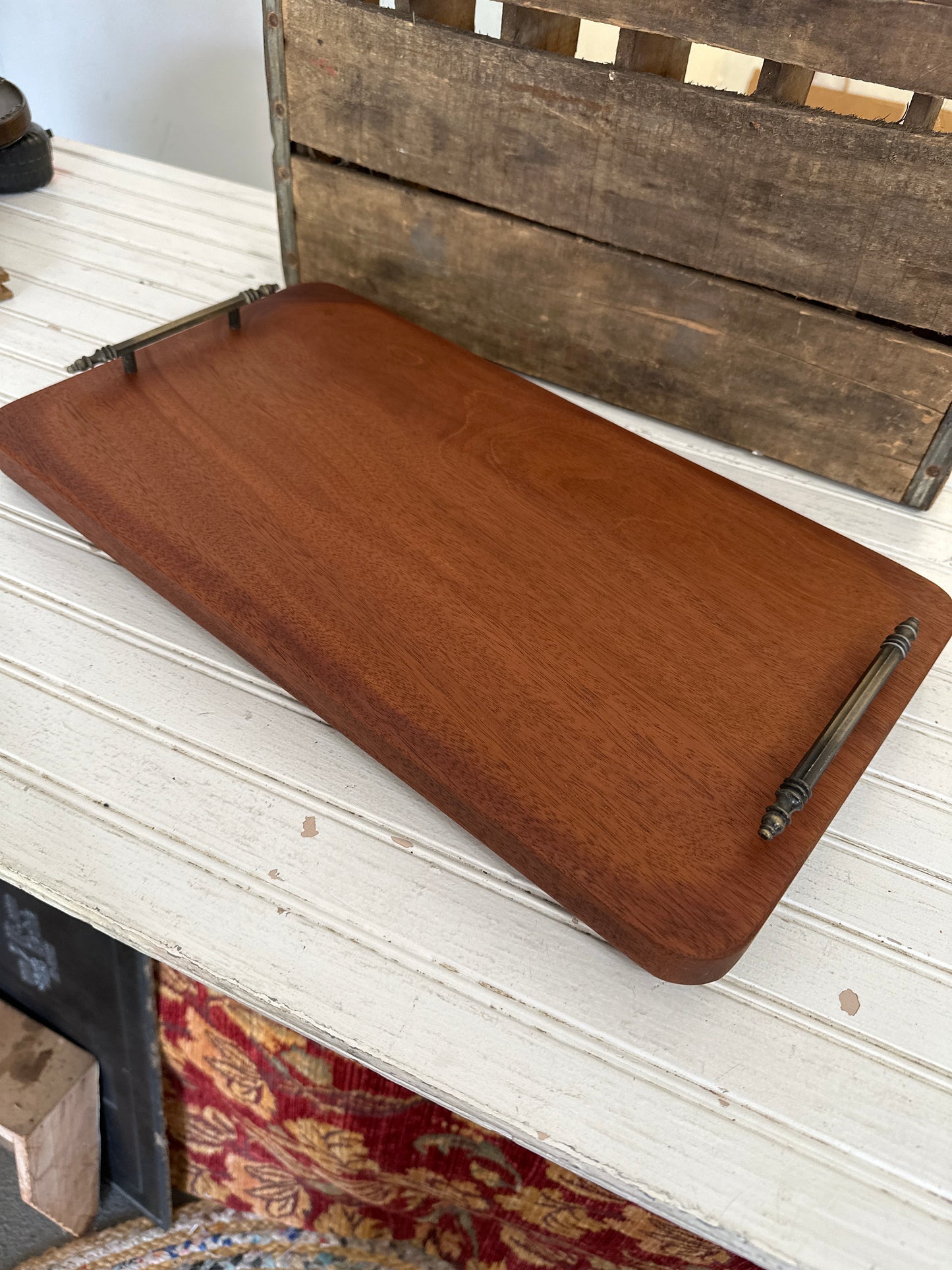 Handmade Charcuterie tray with vintage metal handles, also footed- local pickup only
