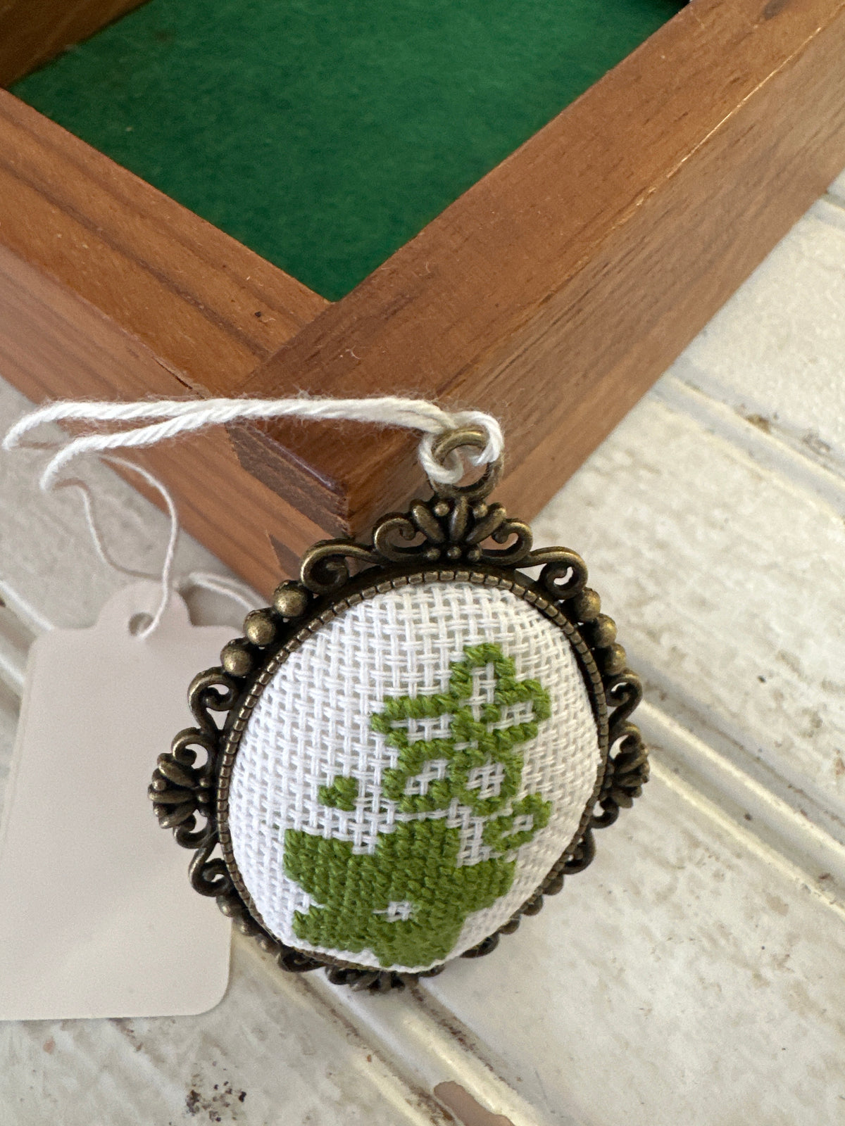 Hand cross-stitched Pyrex Spring Blossom necklace