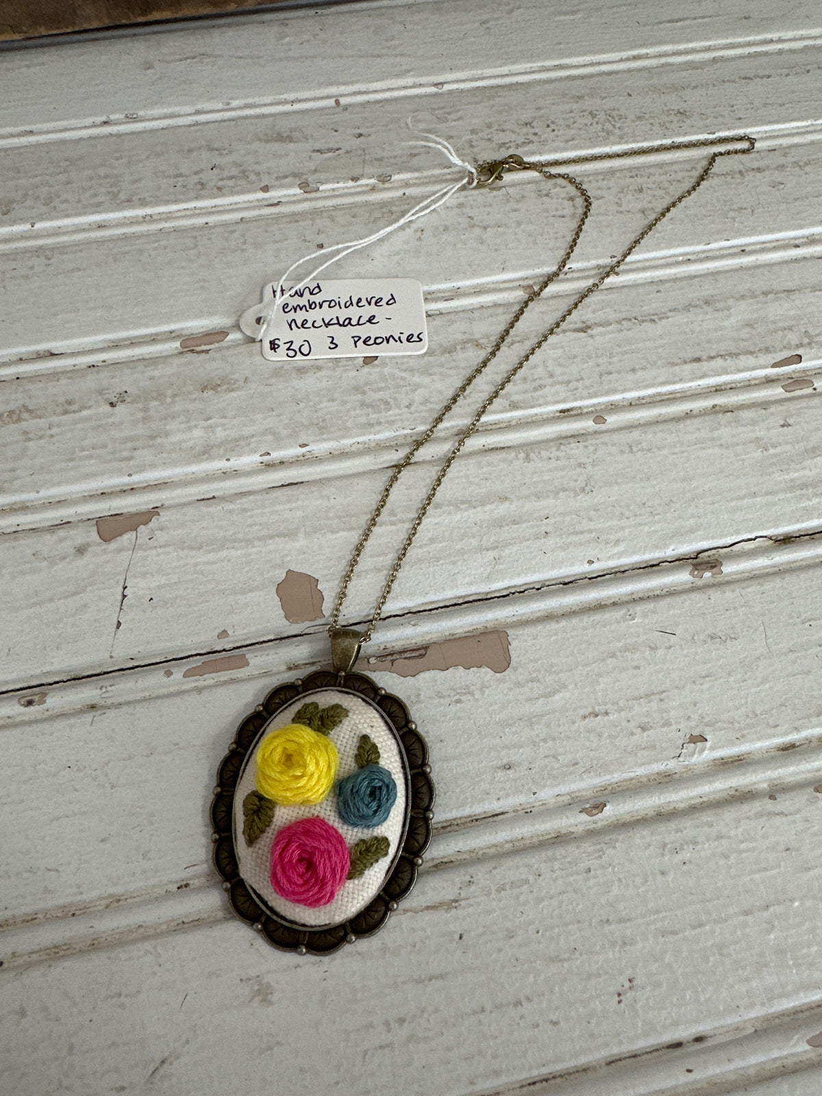 Hand embroidered necklace- 3 peonies