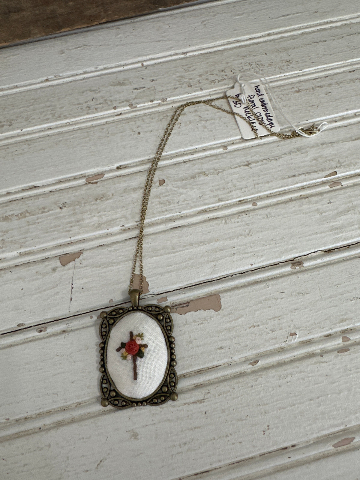 Hand embroidered floral cross necklace