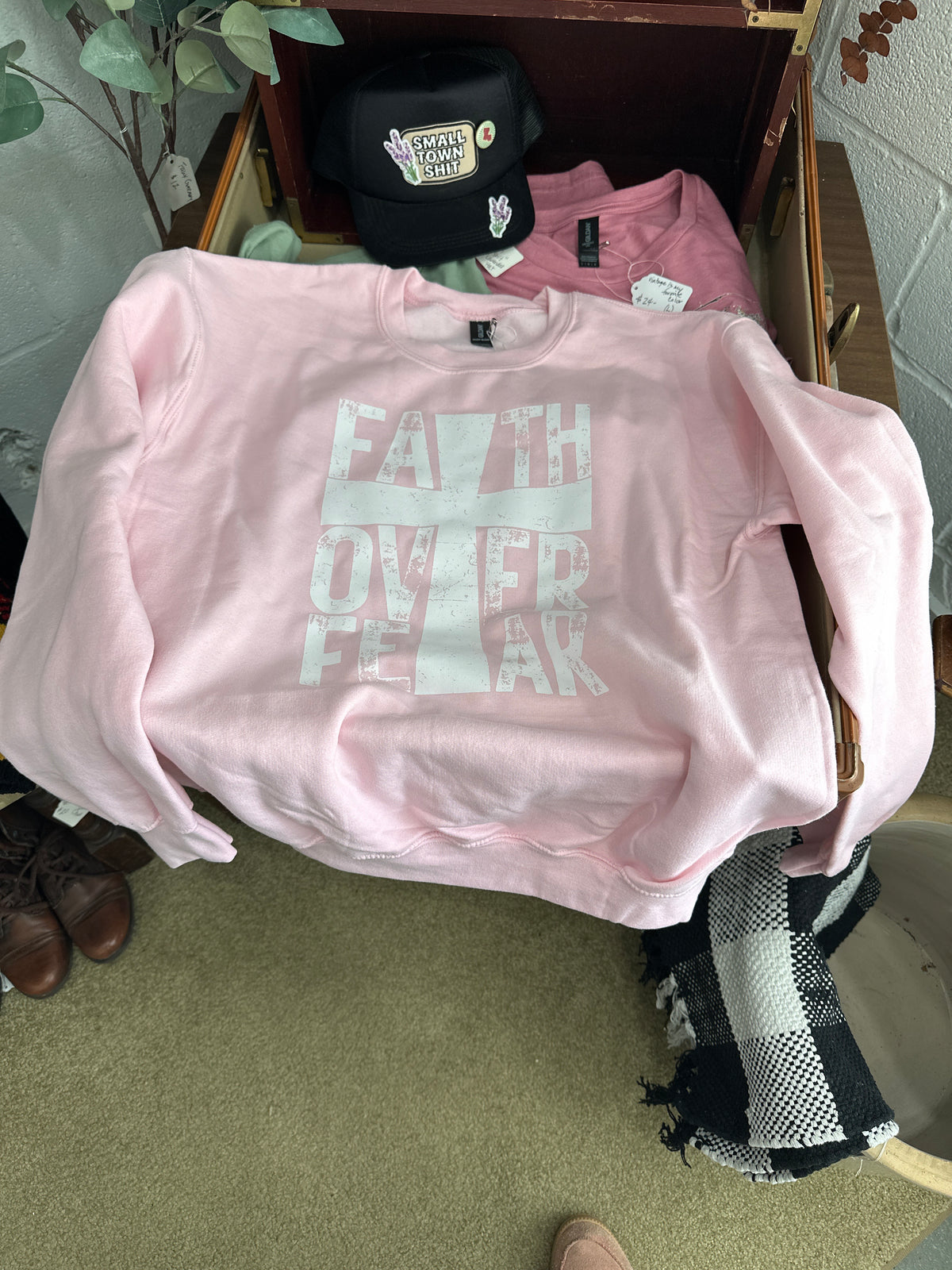 Faith Over Fear pink sweatshirt