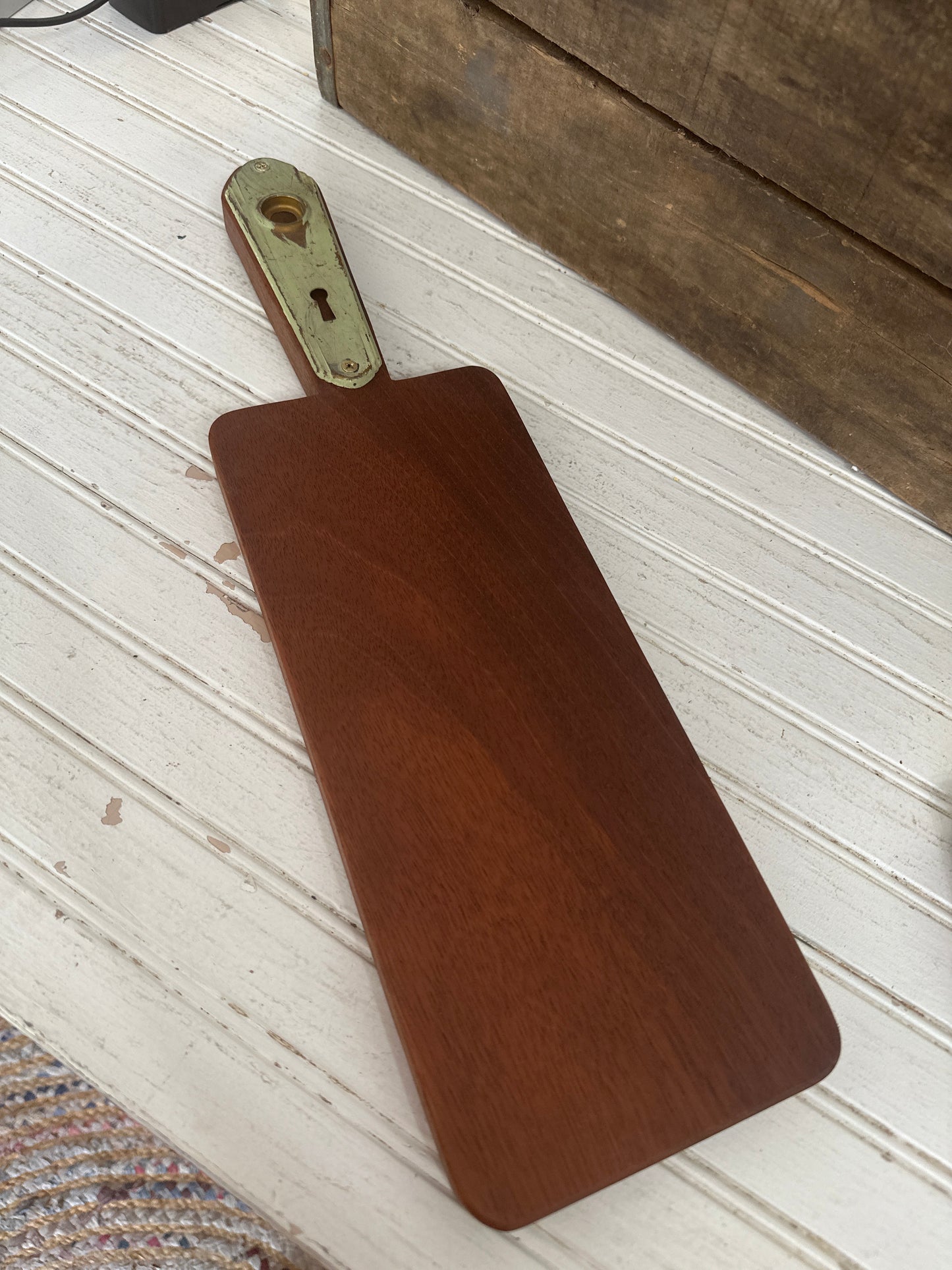 Handmade cutting/charcuterie board with metal vintage door faceplate