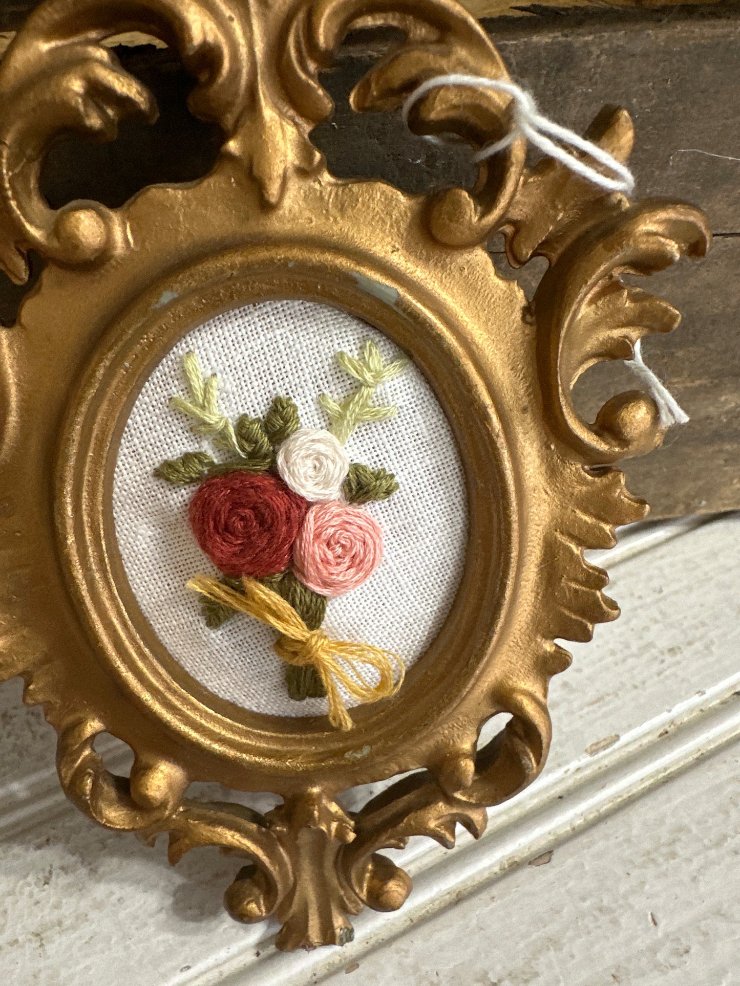 Hand Embroidered framed floral bouquet