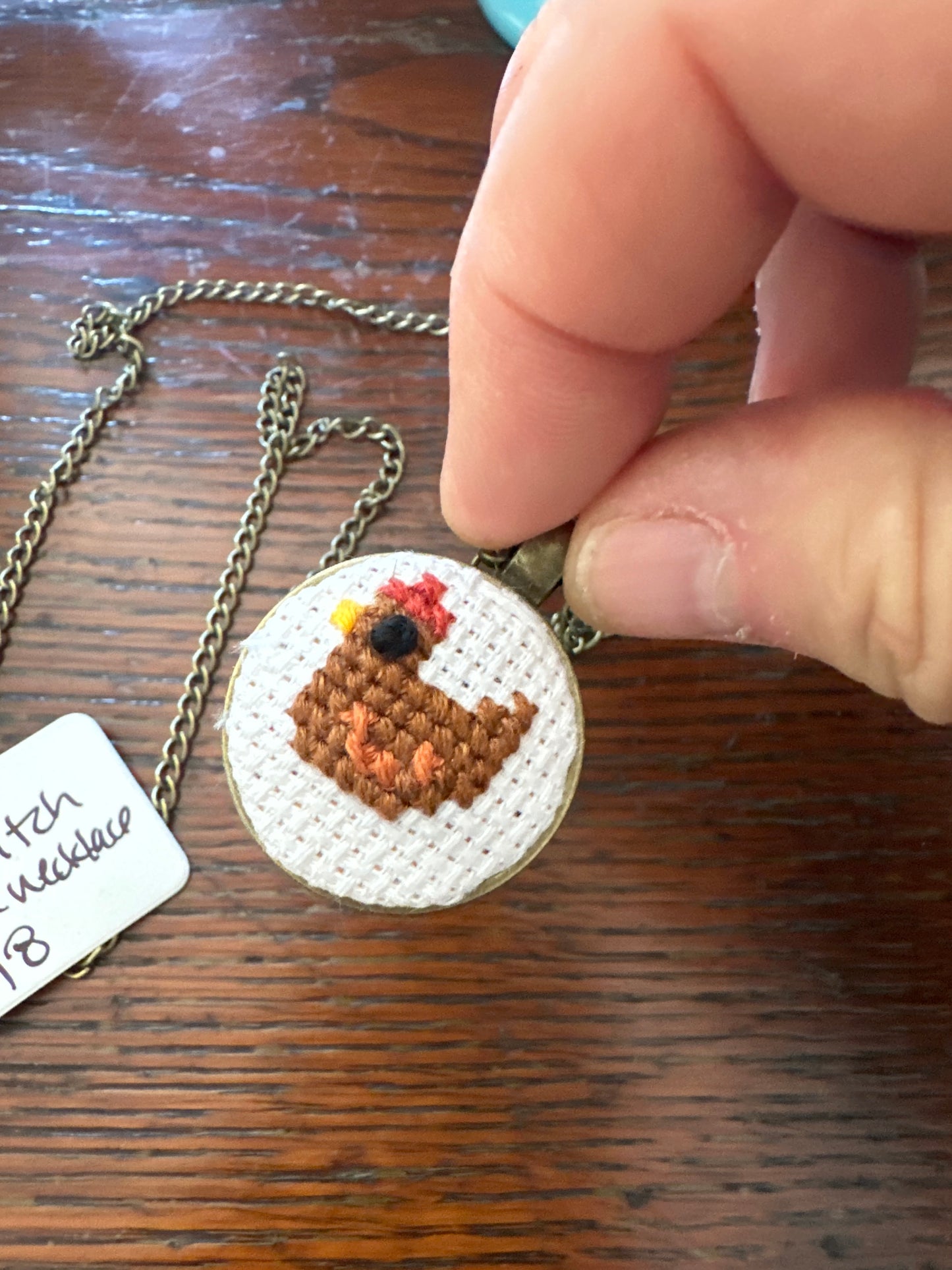 Handmade cross-stitch chicken necklace- #3