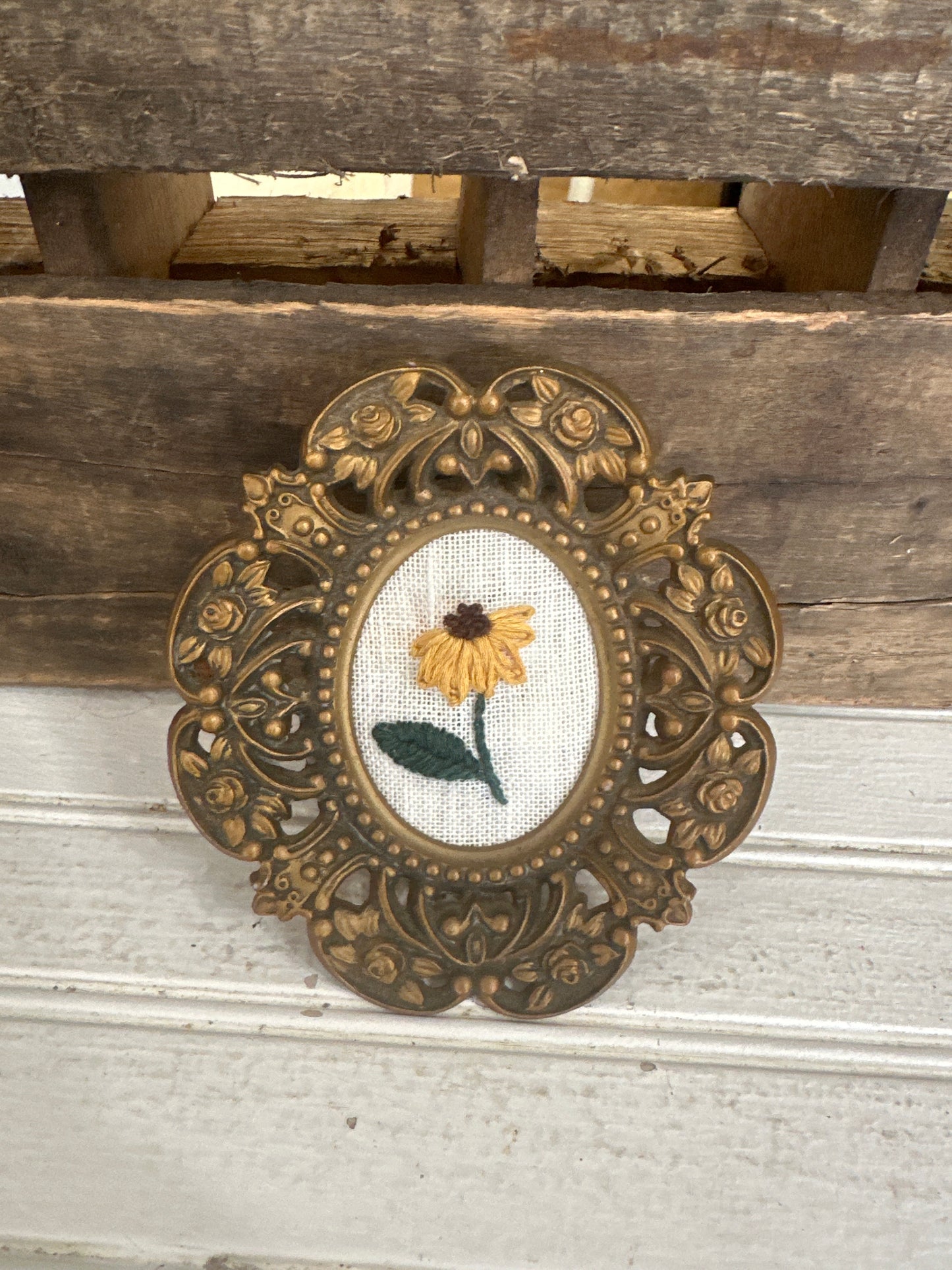 Handmade Floral Embroidery framed in Vintage frame