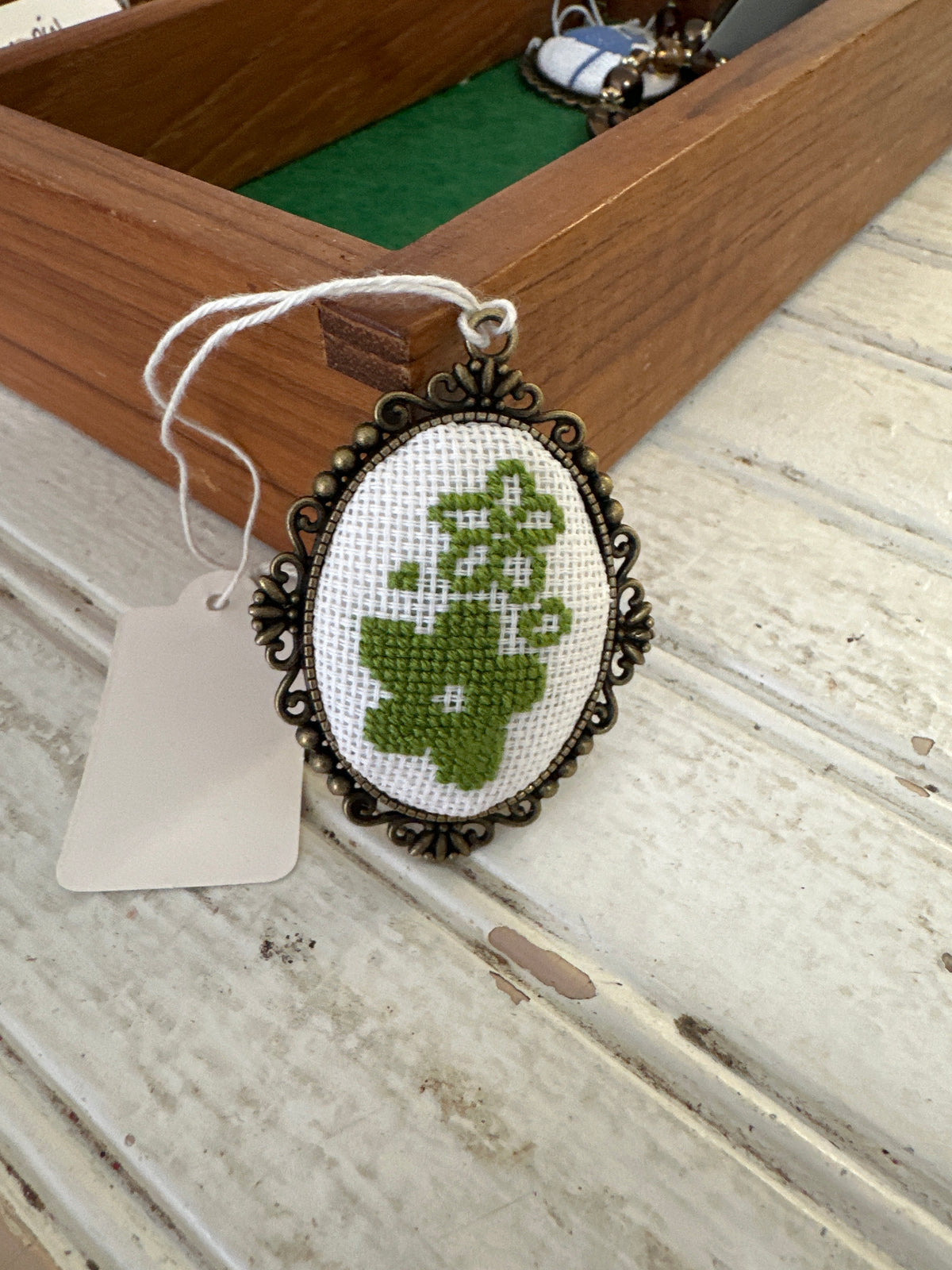 Hand cross-stitched Pyrex Spring Blossom necklace