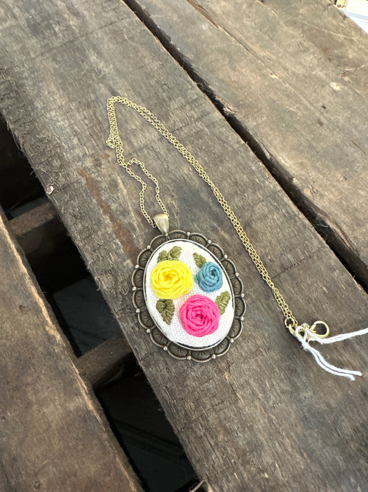 Hand embroidered necklace- 3 peonies