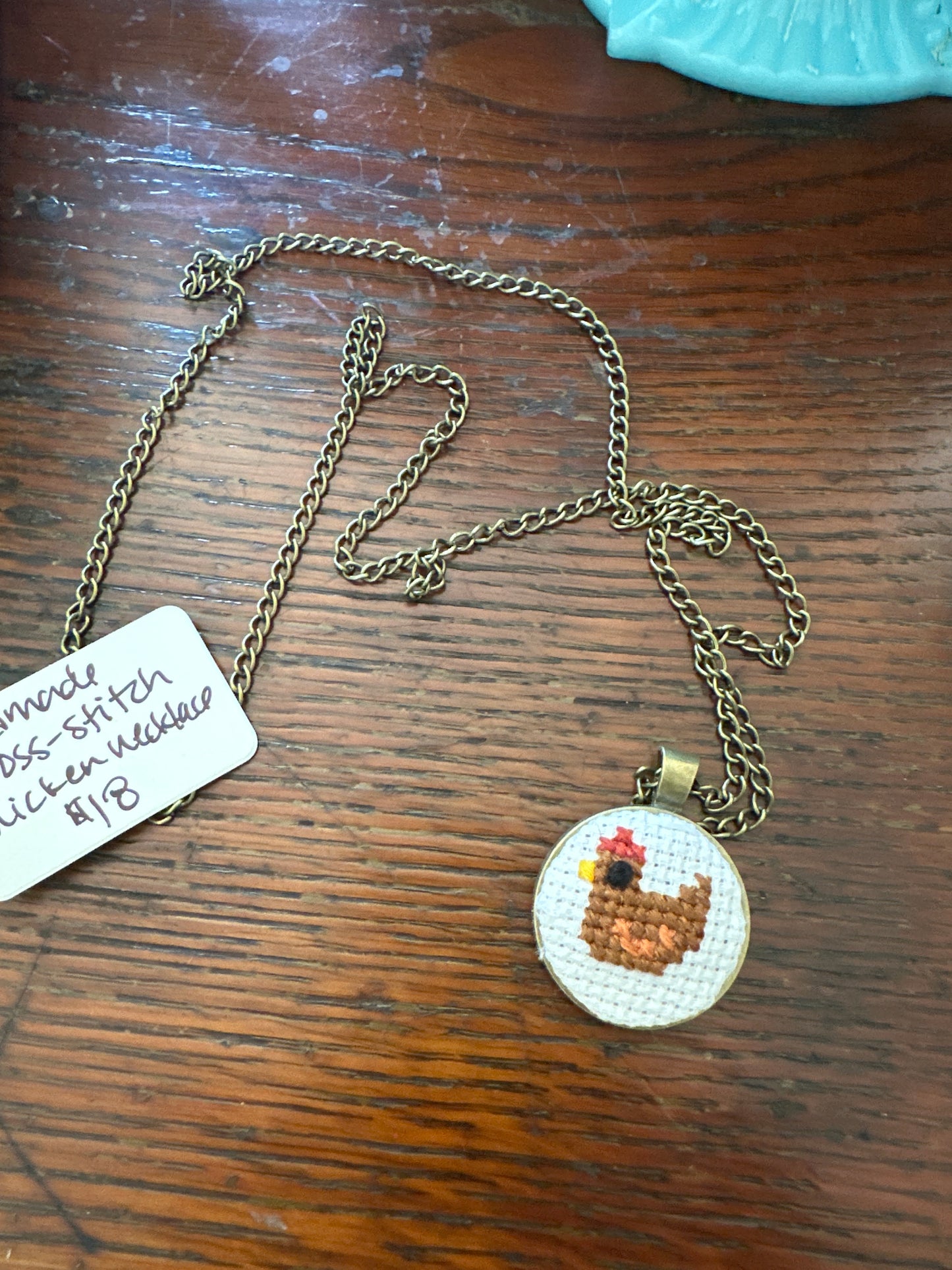 Handmade cross-stitch chicken necklace- #3