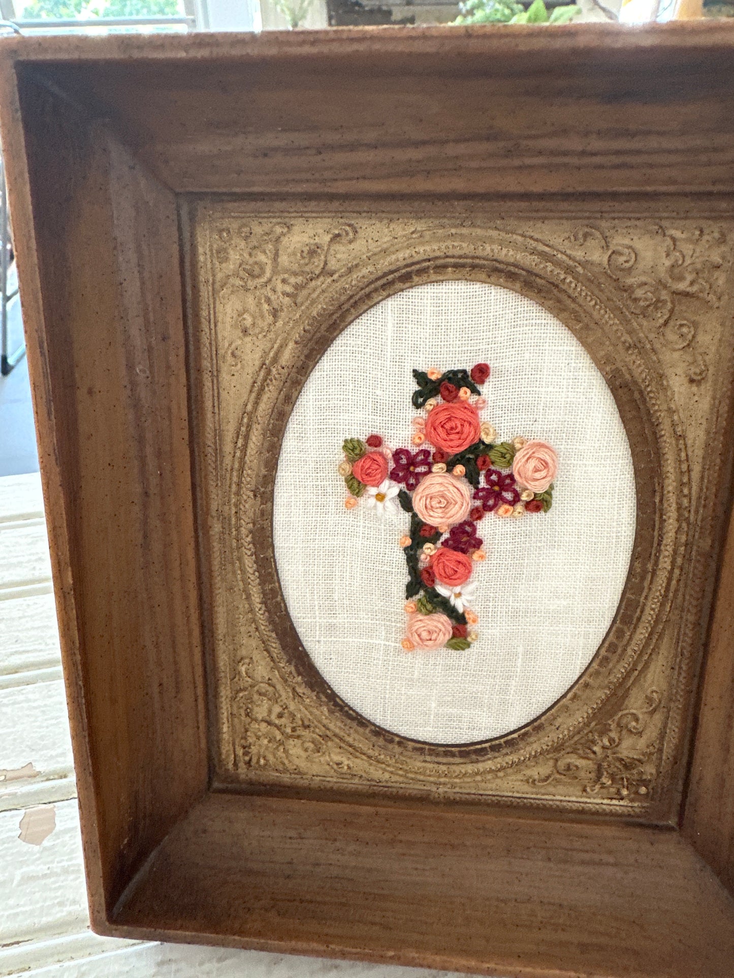 Hand embroidered floral cross in vintage frame