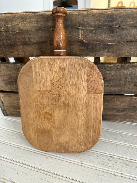 Handmade butcher block bread board with vintage spindle handle