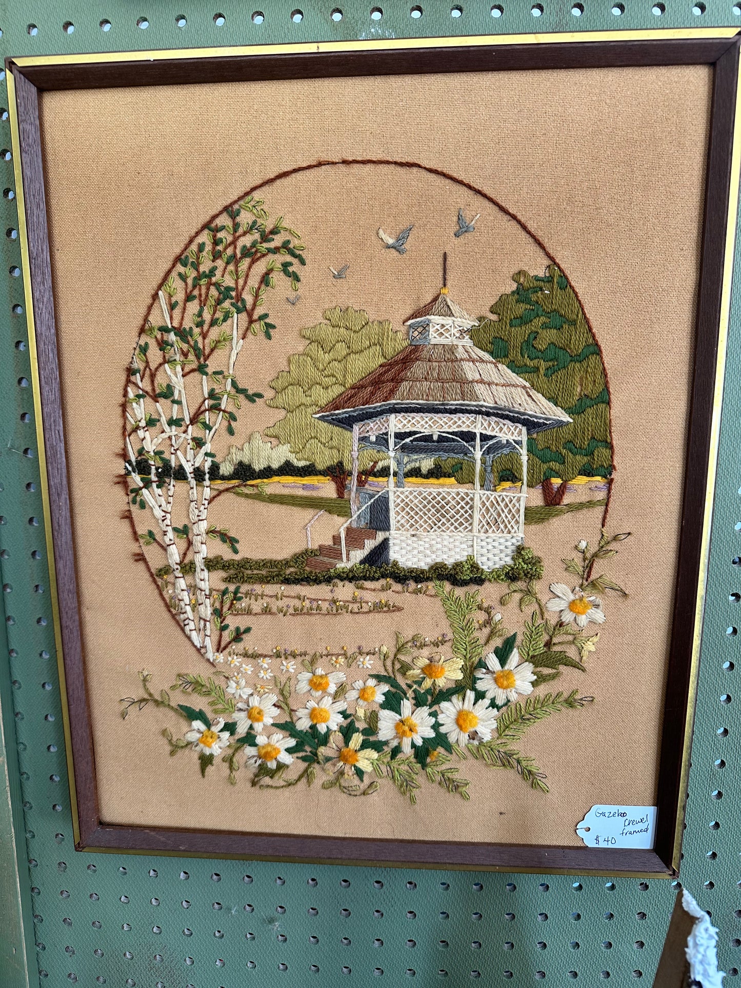 Gazebo Floral Scene crewel framed- local pickup only