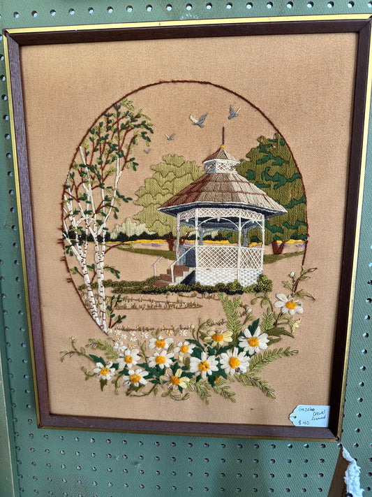 Gazebo Floral Scene crewel framed- local pickup only
