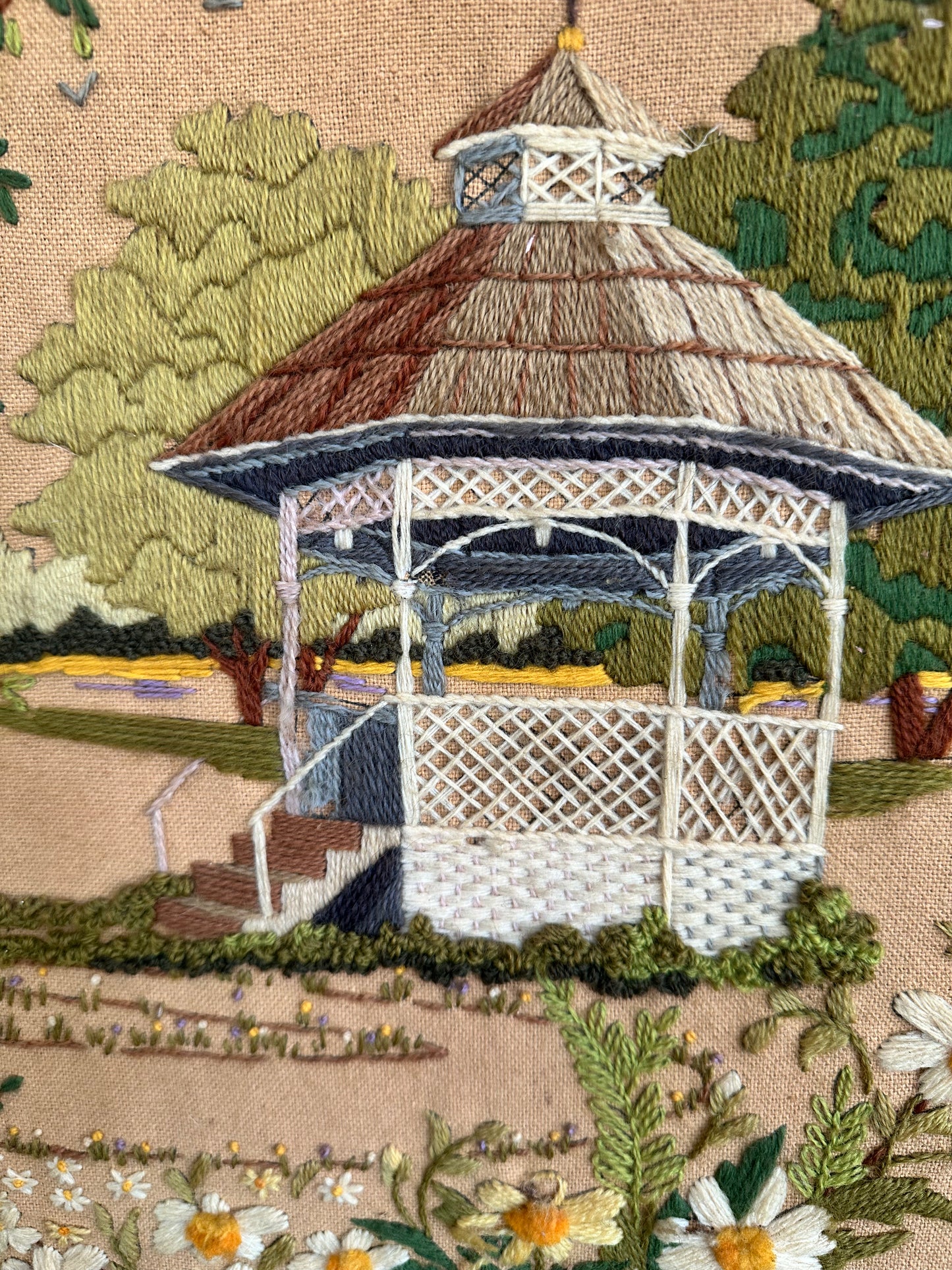 Gazebo Floral Scene crewel framed- local pickup only