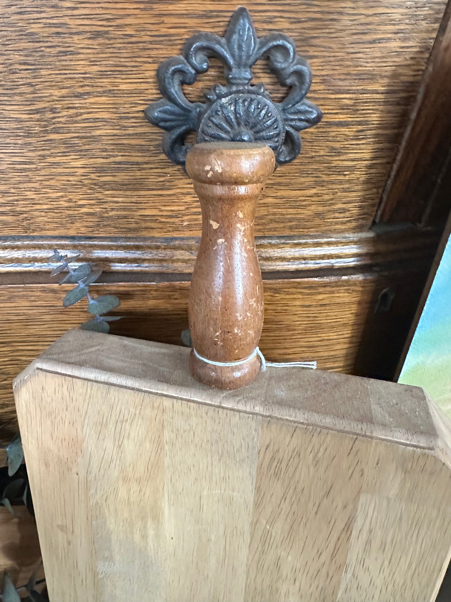 Handmade Butcher Block board with vintage spindle handle