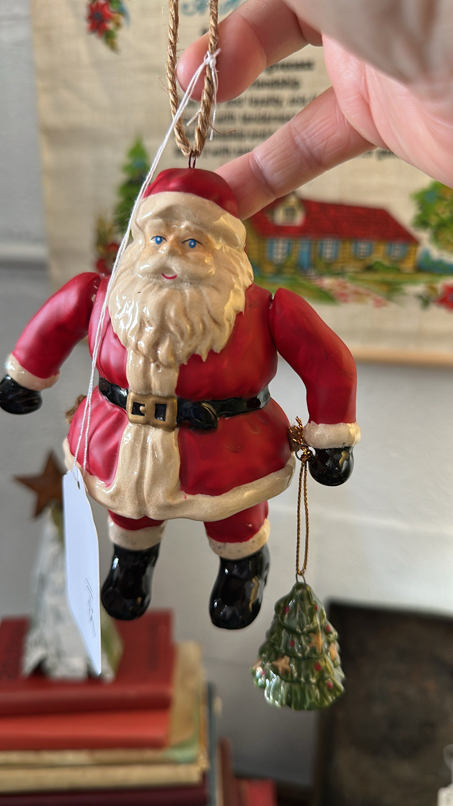 Jointed Santa ornament with tree